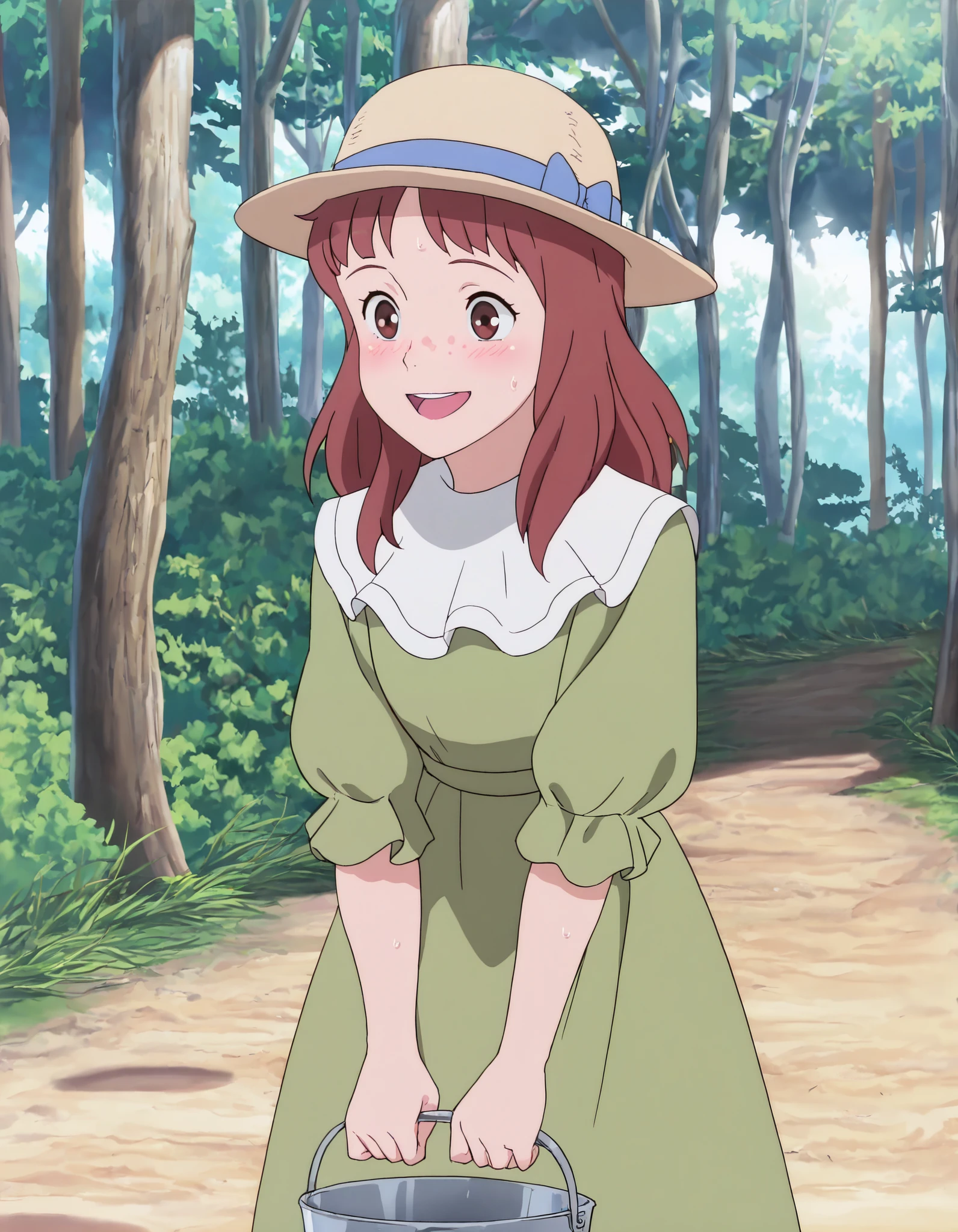 (((Masterpiece))), (((Best Quality))), ((Super Detail)), ultra-High resolution, score_9_up, score_8_up, score_7_up, score_6_up, score_5_up, score_4_up, BREAK, source_anime, anime screencap, Masterpiece, (best shadow), (absurdres), (detailed background), (very aesthetic), shiny, detailed beautiful eyes, outstanding, countershading, detailed soft lighting, an exquisite animation illustration, cowboy shot, 1girl, solo, kate, hat, freckles, green dress, short sleeves, blush, smile, open mouth, sweat, sweat soaked, shiny skin, bucket, holding bucket, forest,
