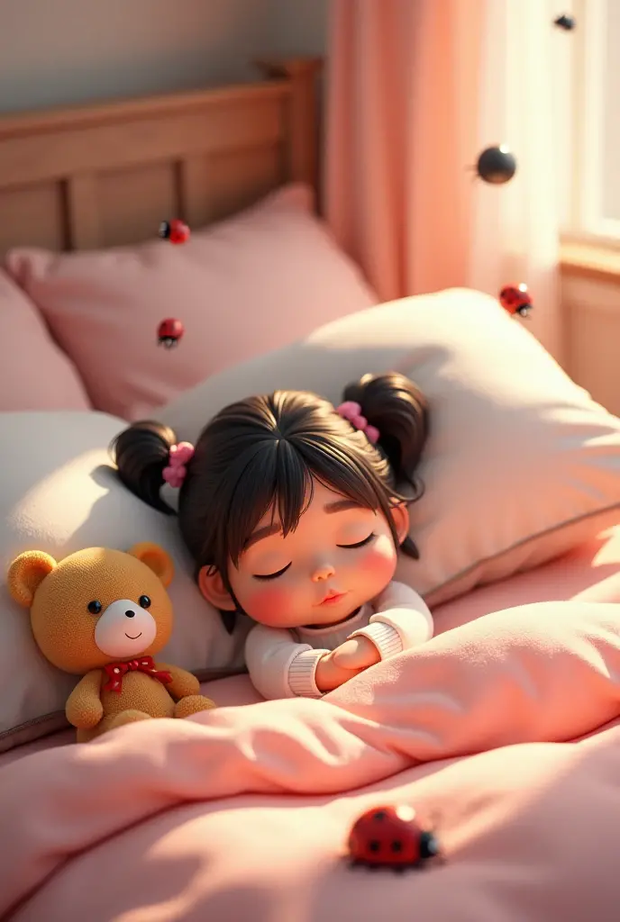 pillows, sheets and a 3d bear resting and a girl with two pigtails and dreaming of ladybugs