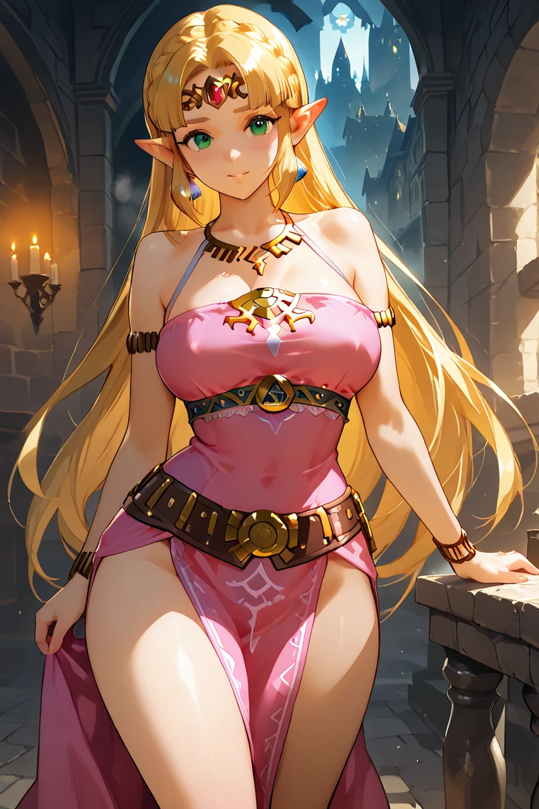 High resolution, Very detailed, perfect lighting, beautiful detailed eyes, ((masterpiece,Best Quality)), absurdities, alone, princess zelda, by the width, crown braid, Hair clip, pointy ears, Gloves without fingers, black gloves, smile, curves, nod, , deep neckline, deep neckline, short skirt, visible underwear, pink thong, touching her breasts in a sexy way, close up, disfraz de mucama sexy, disfraz de sirvienta sexy color negro