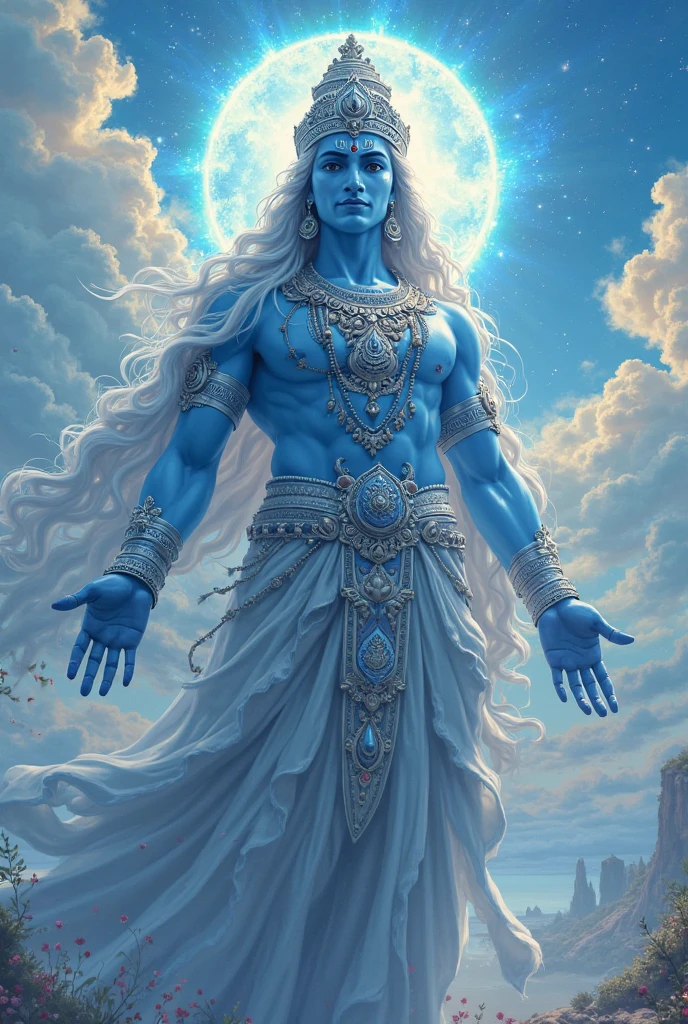 Create a detailed digital artwork featuring a majestic, glowing deity with blue skin and long white flowing hair. The deity is adorned with intricate jewelry and a crown, holding a large ornate staff. He is wearing a red cloth around his waist, and his body is illuminated with sparkles. The scene is set in a field of glowing flowers under a starry night sky with a crescent moon. The deity has a powerful and serene presence, with a tail visible behind him. The background includes distant mountains and a glowing horizon.