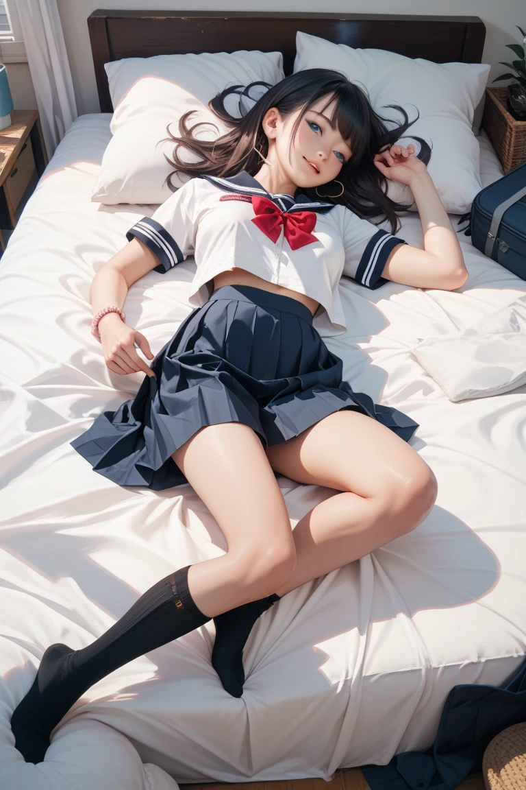 1 woman, long hair, light brown hair, blue_sailor_collar, blue short skirt, red ribbon tie, Collarbone, sky, blossoms, jewellery, Lips, indoor, pleat skirt, sailor_collar, school_uniform, short_sleeves,Lying down on the back, close eyes, sleep, (whole body:1.2), (from below:1.6), right arm beside the body, right hand on a skirt, semen on clothes, ((semen on thighs:1.8)), torn clothes, flipped up skirt,