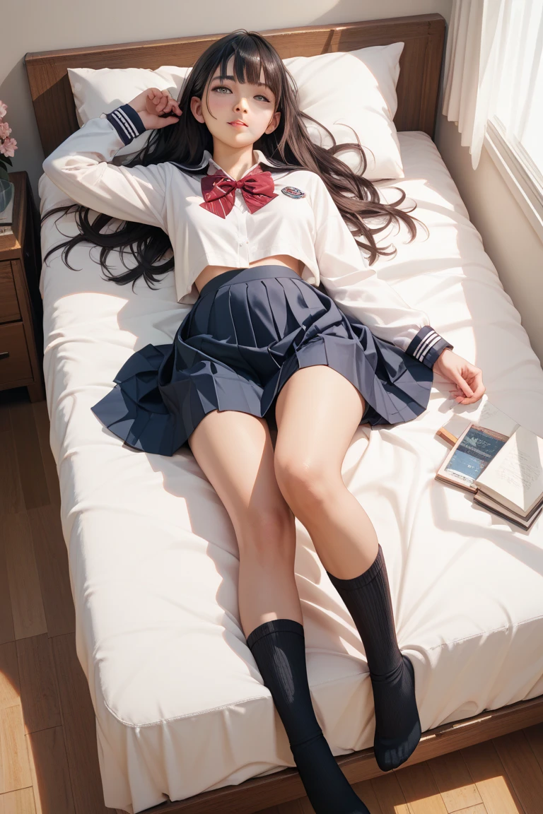8K、RAW Photos、Highest quality、Super detailed、Super Resolution、Ultra HD、8K壁紙、Amazing details blazer uniform girl ((White blouse with formal collar, Blue Blazer, 
Red Check Skirt, Red checkered ribbon on blouse)), Complete limbs, Full Finger, 
(((A woman is sleeping with her eyes closed)))Brown Hair、(White skin)
(((((Full body photo)))))
((((Panties and bra are visible))))
