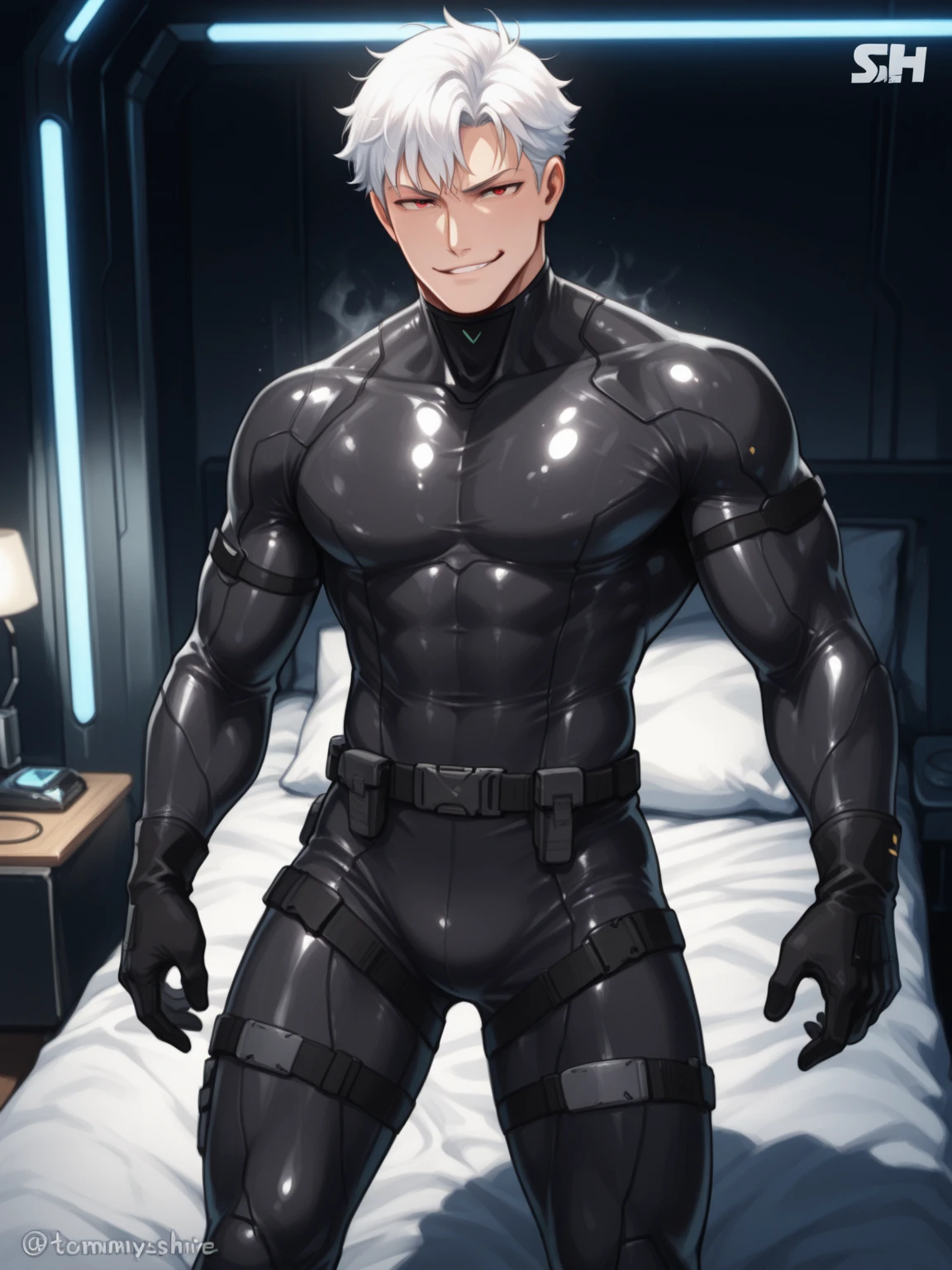 White-haired and black-clothed anime character sitting on the bed, High resolution commissions, danny phantom, Fair and shiny skin, OC Committee, High-quality fanart, mercury, Male Art, Detailed fan art, Hero 2D Fanart Art, Extremely detailed artger, Platinum Skin, Fair and shiny skin, Zero Fashion Art, Shiro Takaya, Keda