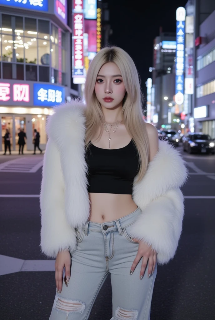 (8k, RAW photo, highest quality, masterpiece: 1.2), (realistic, photorealistic: 1.37), one girl, (K-POPアイドル), (charm: 1), cute, cityscape, night, winter, snow, professional lighting, photon mapping, radio city, Physically based rendering,thin