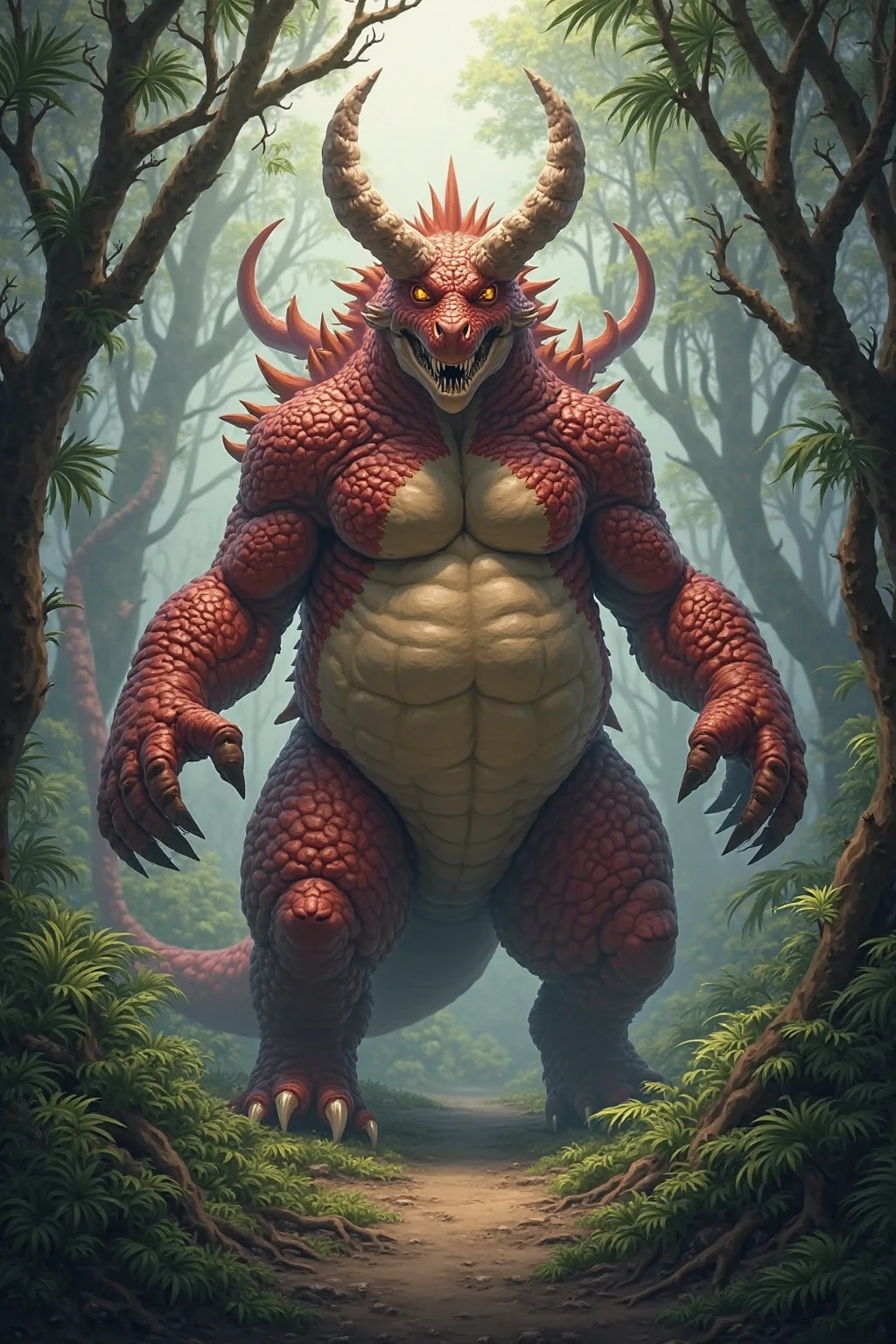 forest, front view, standing, penis outline, (ultra detailed), a beautiful and detailed full size portrait of a male anthro t rex (black body, red skin), (scales, detailed scales, muscle anthro, buff, big pecs), black loincloth, big crotch, glowing eyes, red eyes (glowing), non-mammal breasts, looking at viewer, bedroom_eyes, detailed eyes, big body, sexy body, goddess, big crotch, crotch apron, balls outline, kenket, Ross Tran,ruan jia, trending on artstation,foxovh, cenematic lighting, big breaths, hands on chest, smile, detailed background, night, front view, close up view, third person view, empty eyes, foreskin, tan body, tan scales, empty eyes, wet, day, big body, translucent loincloth, thick thighs, warrior costume, lizard tail, full body,