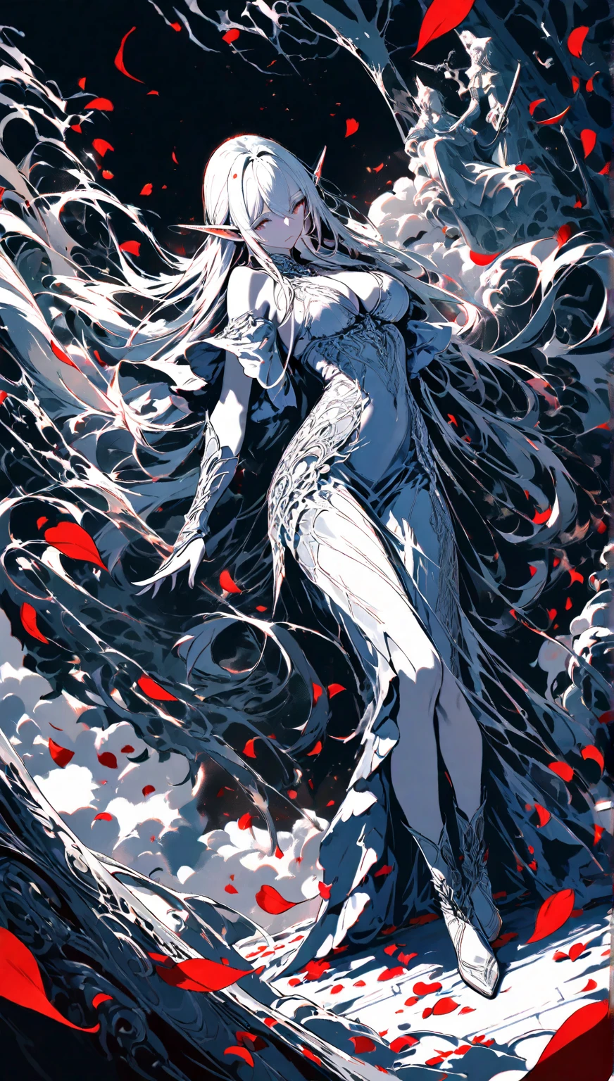1girl, elf, pointy ears, long hair, ocean, white hair, standing on the water, (horizon:1.2), masterpiece, best quality, nsfw, (water dress), <lora:xl_water_dress-1.0:1.5>, monochrome, (black hole on the background), looking at viewer, <lora:extremely_detailed:1>, <lora:monochromeXL:2>, covered nipples