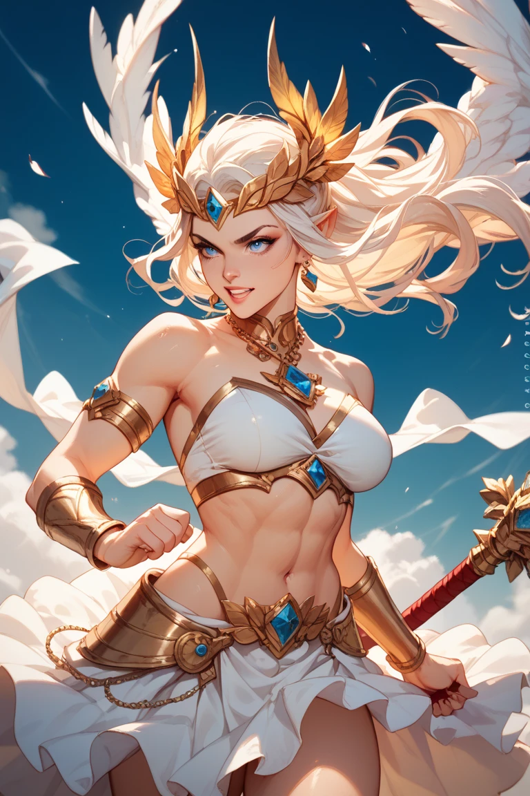 Solo, best quality, woman tanned skin, long curly hair,white hair,curly hair, yellow eyes, white wolf ears, medieval barbarian clothes, looking at the viewer, menacing smile, sharp teeth, detailed village background, barbarian skirt, thick thighs,neckline, holding a war axe