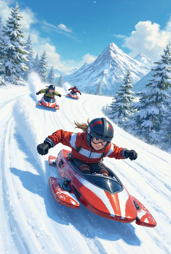 Two hot 30 years girls in icy, driving on two separate snow bike jumping, wearing just tiny neon lingerie lace bikini's, background see snowman, one girl hot brunette long hair, nice breasts, second short dark red tied back in a messy bun, sunny day, girls are happy 