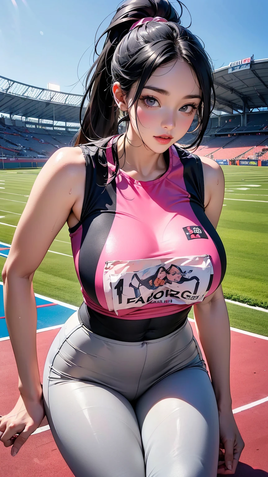 Beautiful girl in sporty clothes，girl with，a smile、二重まぶた，top-quality，huge tit、Gymnastics，Beautie，hyperdetailed face，super-detaild skin，realisticeyes，realisitic(1，2)，​masterpiece，Multicolored hair，Long，realistic background，
