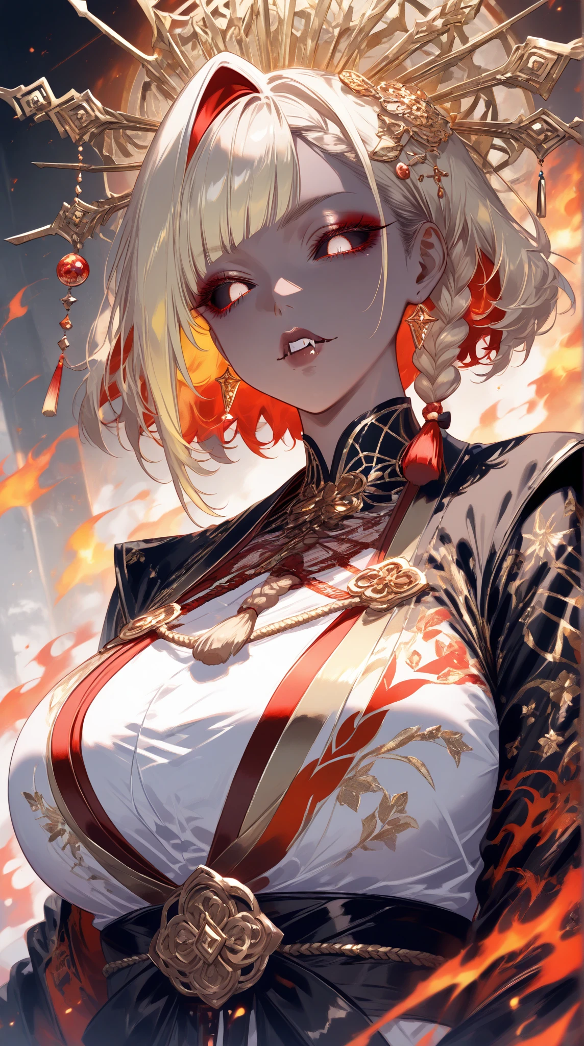 round face, small horns, small, countless demon fires flying, full body, blonde, big earrings, hundred demon night line, princess of youkai, black kimono mini, full body, cleavage, many demons behind --auto --s2