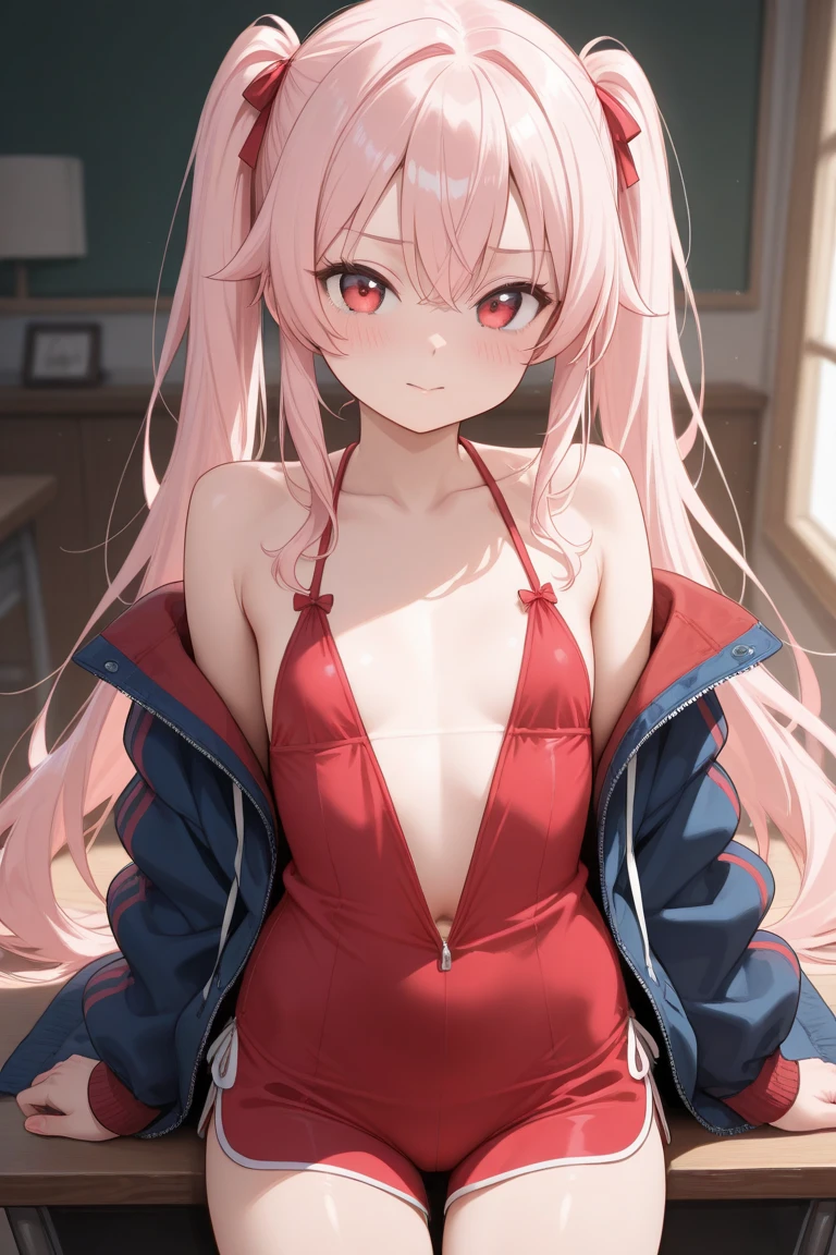 ((8k, Highest quality, masterpiece: 1.3)),Ultra-high resolution,(1 girl, alone), (Color changing eyes, Ultra-detailed, Expressive brilliance, Glitter, Glowing Eyes), Highly detailed eyes, Highly detailed face, Random Hair, ((pastel colour))A confident young woman with pastel coral hair styled into a high ponytail, sitting cross-legged on the bed during a bright morning. She is wearing a vivid red bikini with metallic accents. The camera captures her from a frontal angle as she leans slightly forward, her hands resting on her knees, exuding a strong and assertive presence. The room is filled with morning sunlight, with minimalistic decor that highlights her bold and energetic demeanor.