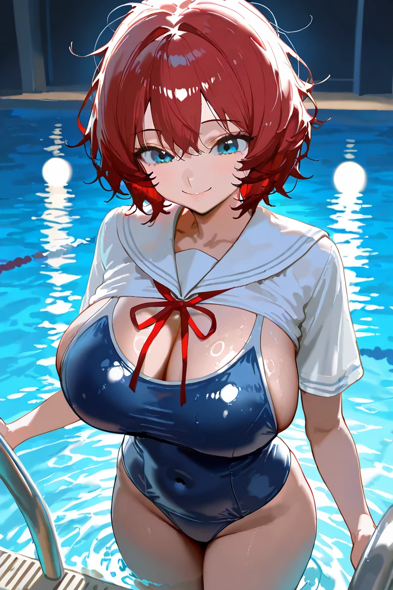 Big breasts, red hair, blue eyes, droopy eyes, naked, elementary school student, (super big breasts:1.1), (medium hair: 1), elementary school student, young face, short height, , shy Agari, slightly smiling, pool, straiht hair , (school swimsuit: 1),embarrassed, (shallow pool:1.2), in the pool, (wet:1.1), water drops, (strap slip:1.2), nsfw, nipples,