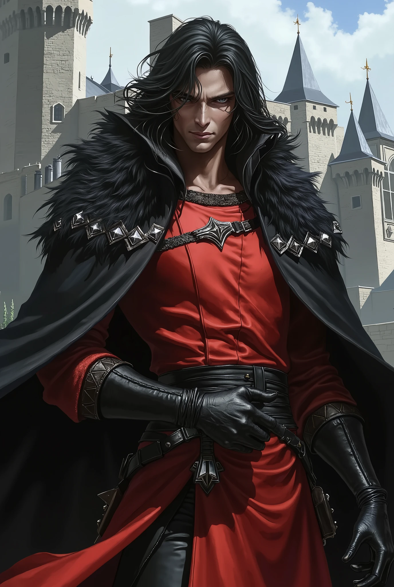 dark-skinned man, long black hair, dressed in a red medieval long-sleeved tabard, black leather gloves, torn cape, with voluminous black hair on his shoulders, black leather pants, bored, inside a luxurious Castle.
