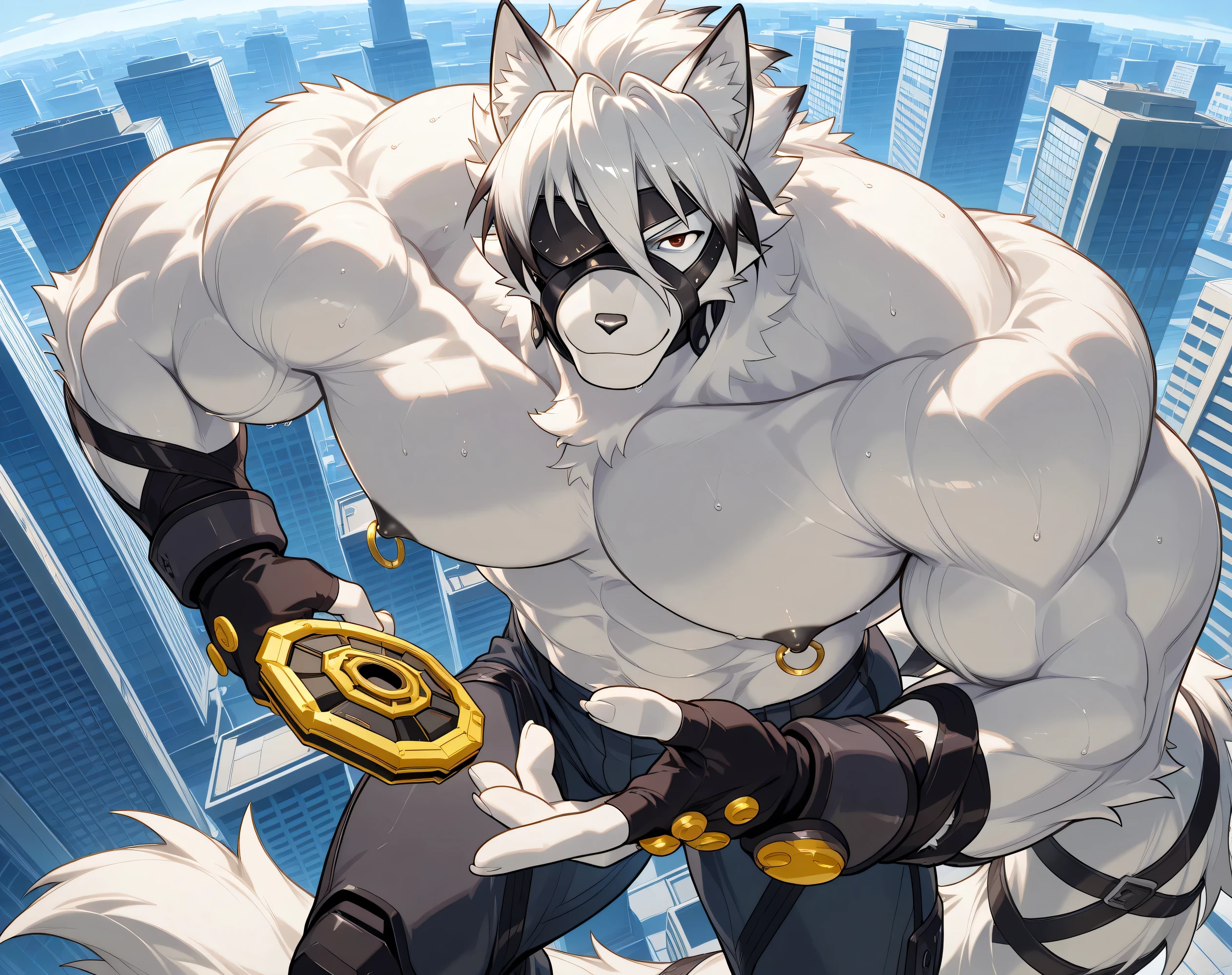 detailed background, high view, city, solo BREAK score_9_up,score_8_up,score_7_up,score_6_up,score_5_up,score_4_up BREAK kemono, bara, furry, 1boy, Lycaon, white fur, white hair, animal ears, tail, eye patch, red eyes, male, huge muscular, male, very broad chest, broad shoulders, macro, posing, bedroom eyes, sweaty, serious, smile, looking at viewer, topless, gloves, huge black nipples, huge gold nipple rings