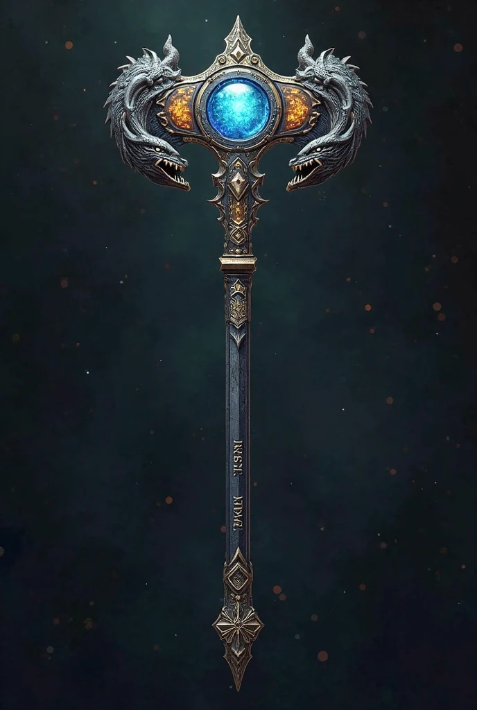 Long-handled two-handed hammer with dragon head on each side sucking magic soul with magic runes With a small stone in the middle