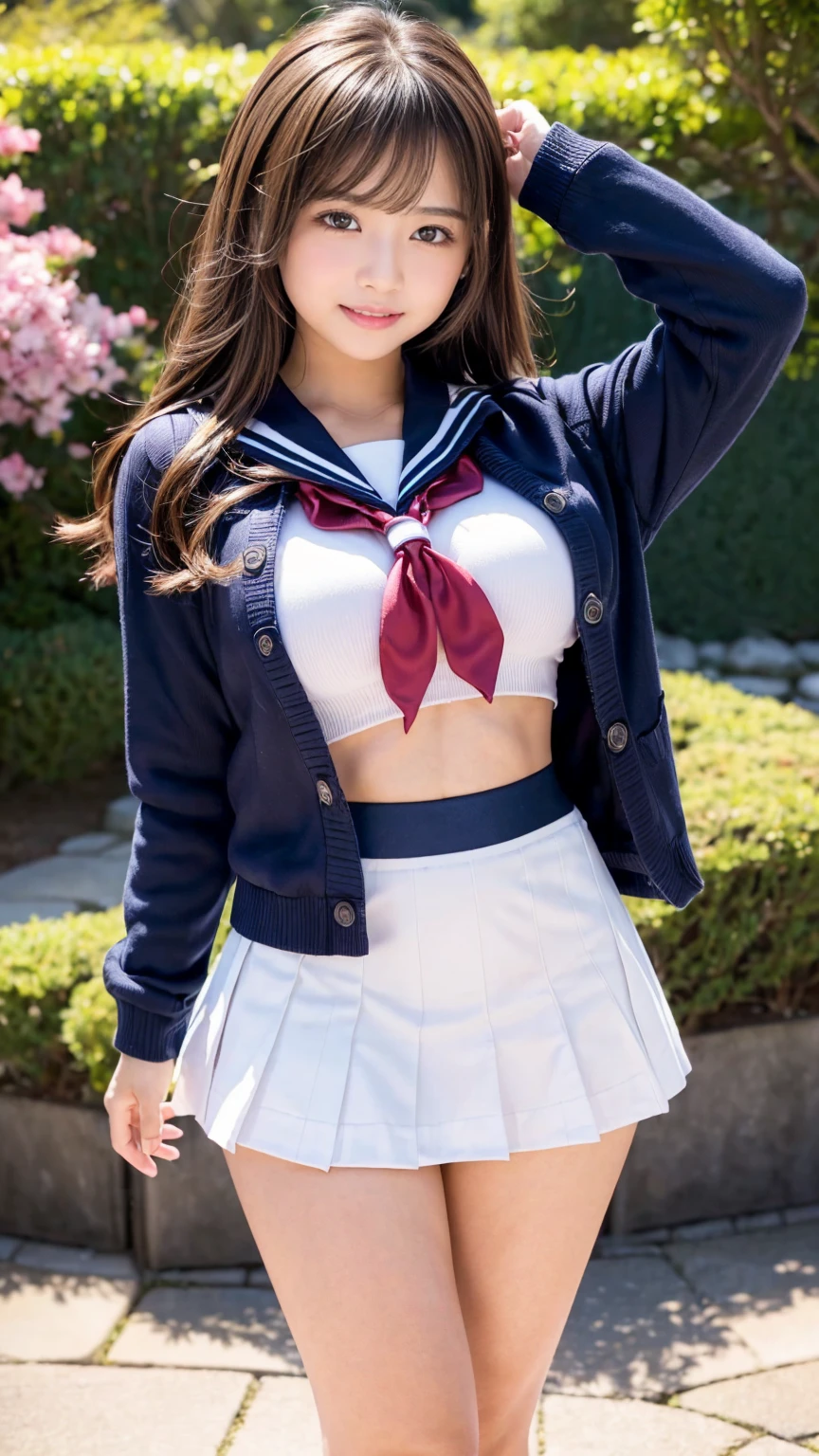 (8K), (top-quality), (RAW photography), (hyper HD), (tmasterpiece:1.3), (hentail realism), (Photorealsitic:1.2), (A high resolution), ultra - detailed, 1girll, INFP young woman, Extremely beautiful face and eyes, a small face, big breasts thin waist, Slim proportions, (校服, Girl in sailor suit), darkblue pleated skirt, Sailor suit red scarf, ultimate beauty girl,cheerful big breasts,(((Laughing))), Long hair,