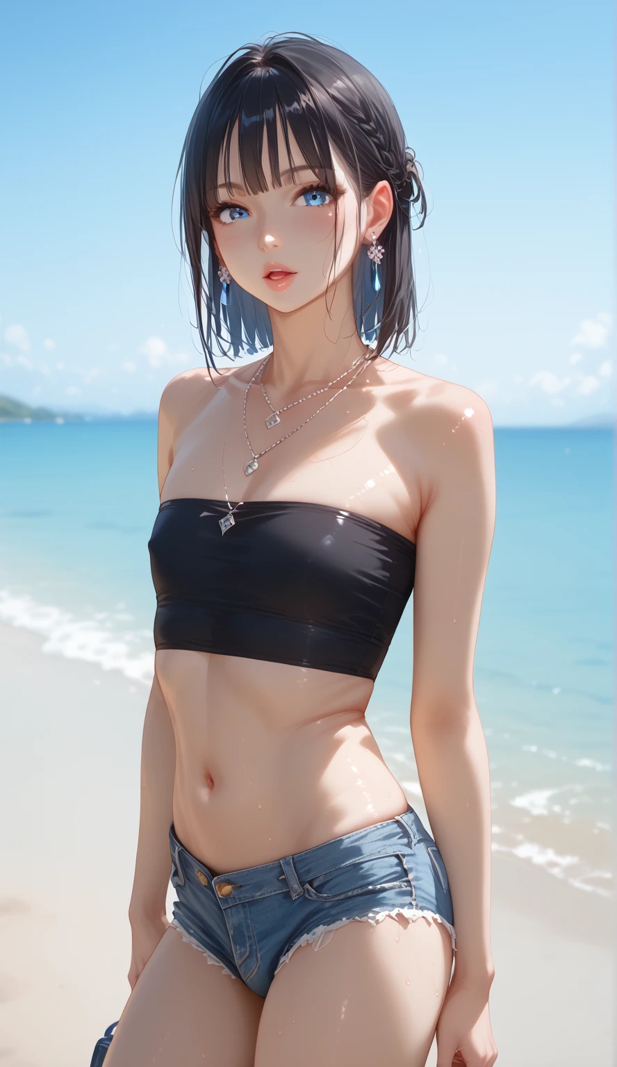 ((Very thin beige  for small breasts))、((Very thin beige  for small breasts))、Bold  pose、Beach、Tabletop、highest quality、shape、 Very detailed、finely、 High resolution、8k wallpaper、完璧なダイナミックな構shape、Turn around and show me your ass、Cute 10 year old girl、Beautiful face in every detail、finelyて可愛い目、Rough skin、Cute hairstyles、A modest smile、((Very thin beige  for small breasts))、Bold  pose、Beach、