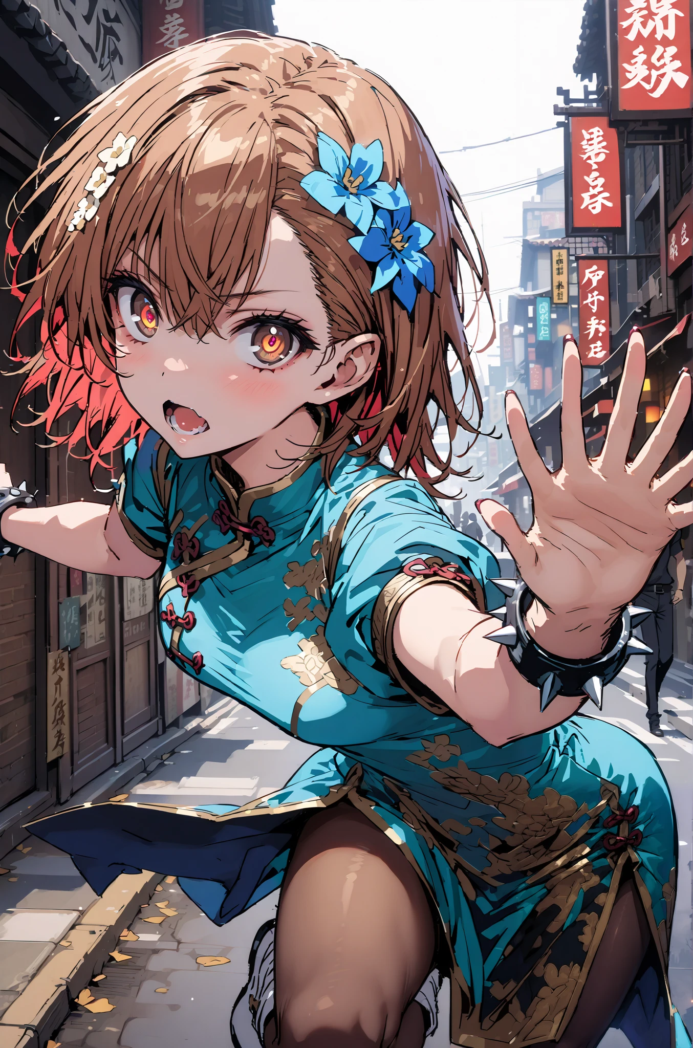 score_9, score_8_up, score_7_up, source_anime,
Mikoto and Misaka, Misaka Mikoto , short hair, black cock, hair ornament, hair flower, brown eyes,serious,open your mouth,electricity ,Superpowers( electricity ity),Electric current is emitted from the body ,chunlicosplay, Chunli \(cosplay\), blue dress, boots, bracelet, brown pantyhose, china dress, Chinese clothes, cross lace footwear, dress, gold trim, jewelry, pantyhose, Pelvic Curtains, puff sleeves, band, short sleeve, side slits in socks, spiked bracelet, spike, white footwear,That's right., open your mouth, leg up, Leg lift,is standing, combat posture,full bodyがillustrationに入るように,break outdoors, Chinatown,
break looking at viewer,full body,
break (masterpiece:1.2), best quality, high resolution, Unity 8k Wallpaper, (illustration:0.8), (beautiful detailed eyes:1.6), very detailed face, so that it fits into the illustration, extremely detailed CG, (perfect hand, perfect anatomy),