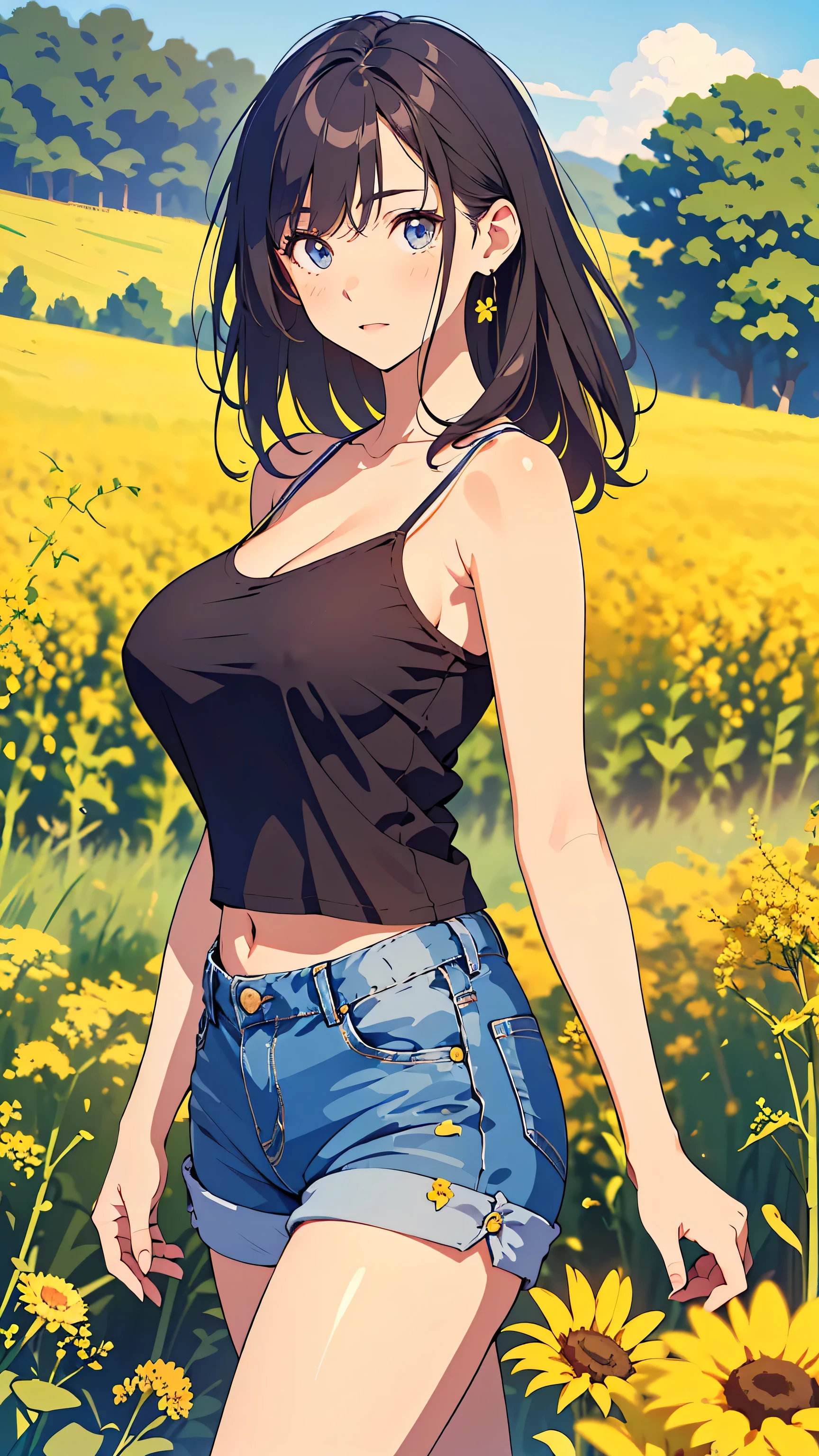 masterpiece, best quality, illustration, realistic background pictures:1.5, (( images outlined with very fine lines :1.3)), very detailed, fine sections , oconnor , 8k, perfect dynamic configuration, biologically accurate hand and foot images, Detailed facial expression, Beautiful Eyes in Every Detail , medium hair, (natural large breasts:1.5), chest, (28 year old adult woman), (sagitales), Adult Beauty, Japanese woman, (cute, camisole ), (finely designed denim, short denim pants),
, (Standing, Jin and the Royal Family, Proud look), (Field of rapeseed flowers), Sunny, spring breeze,(random pose , cute), cowboy shooting,from front,