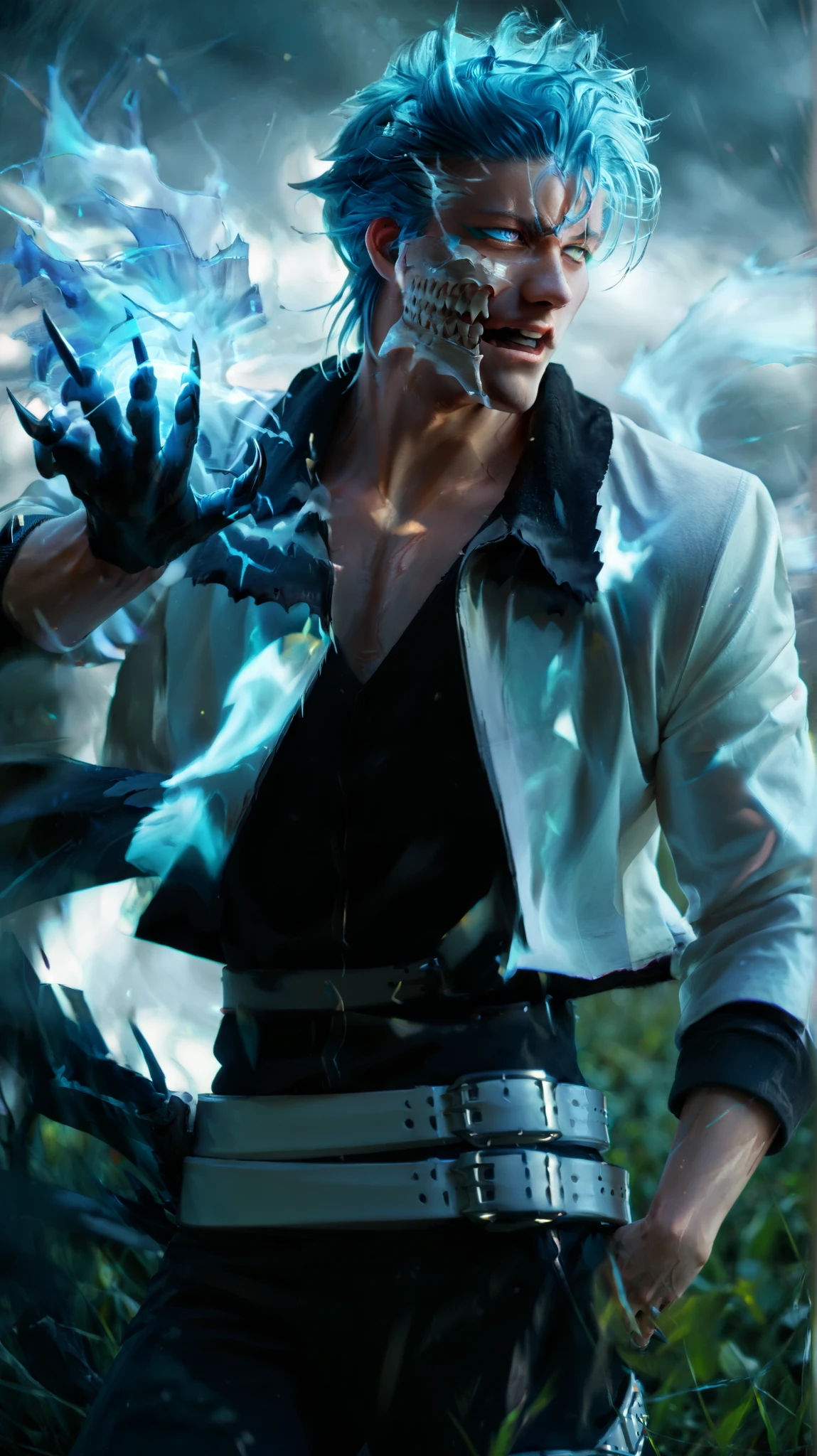 Grimmjow,1boy , blue hair, blue eyes, white crop jacket, black shirt, black hands, claws, black pants, white belt, score_9, score_8_up, score_7_up, expressive face, speedlines, dynamic movements, ultra-detailed,highres,8k,perfect body,intricate details,depth of field, blue energy, lunge