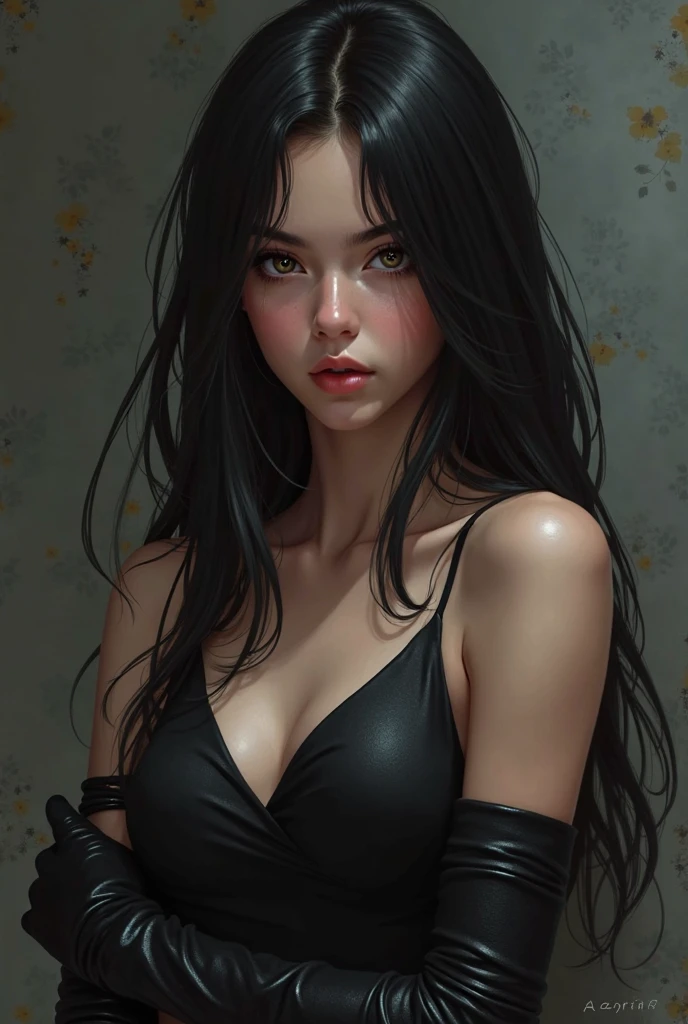 An adult woman of British descent with black clothing covering most of her body, ela tem cabelos encaracolados e pretos, olhos roxos e poder de manipular sombras --auto --s2