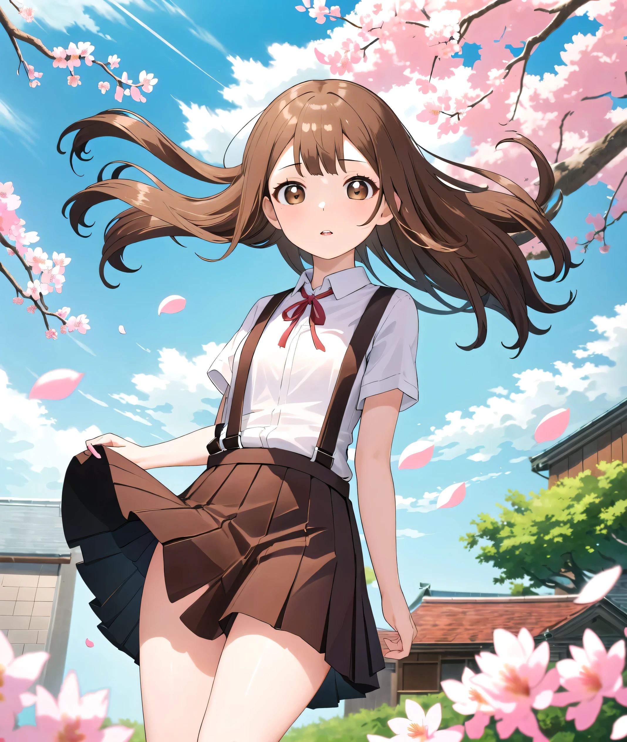 1girl, solo, cute girl, 7yo, (elementary school girls), (school uniform, white shirt, red ribbon), (brown mini skirt, suspenders:1.3), (cute mini skirt), beautiful, cute, Moe, clear, (short stature:1.3), cute breasts, detailed beautiful eyes, delicate skin, (beautiful light brown long hair), (Shiny brown hair, beautiful long hair), (Beautiful brown eye detailed, Beautiful clean skin, High quality face, Detailed lips, very fine grain), facing viewer, looking at viewer, polite, happily, 
BREAK  (Best Quality, 8k, masterpiece:1.3), ultra high resolution, ultra High Definition, Super detailed, ultra-detailed, detailed skin, absurdres, digital art,
BREAK  (standing, whole body), (cowboy shot), ((from diagonally below:1.4)), (outdoors, cherry blossoms, flower, grass, street), (wind:1.58), (petals:1.6)