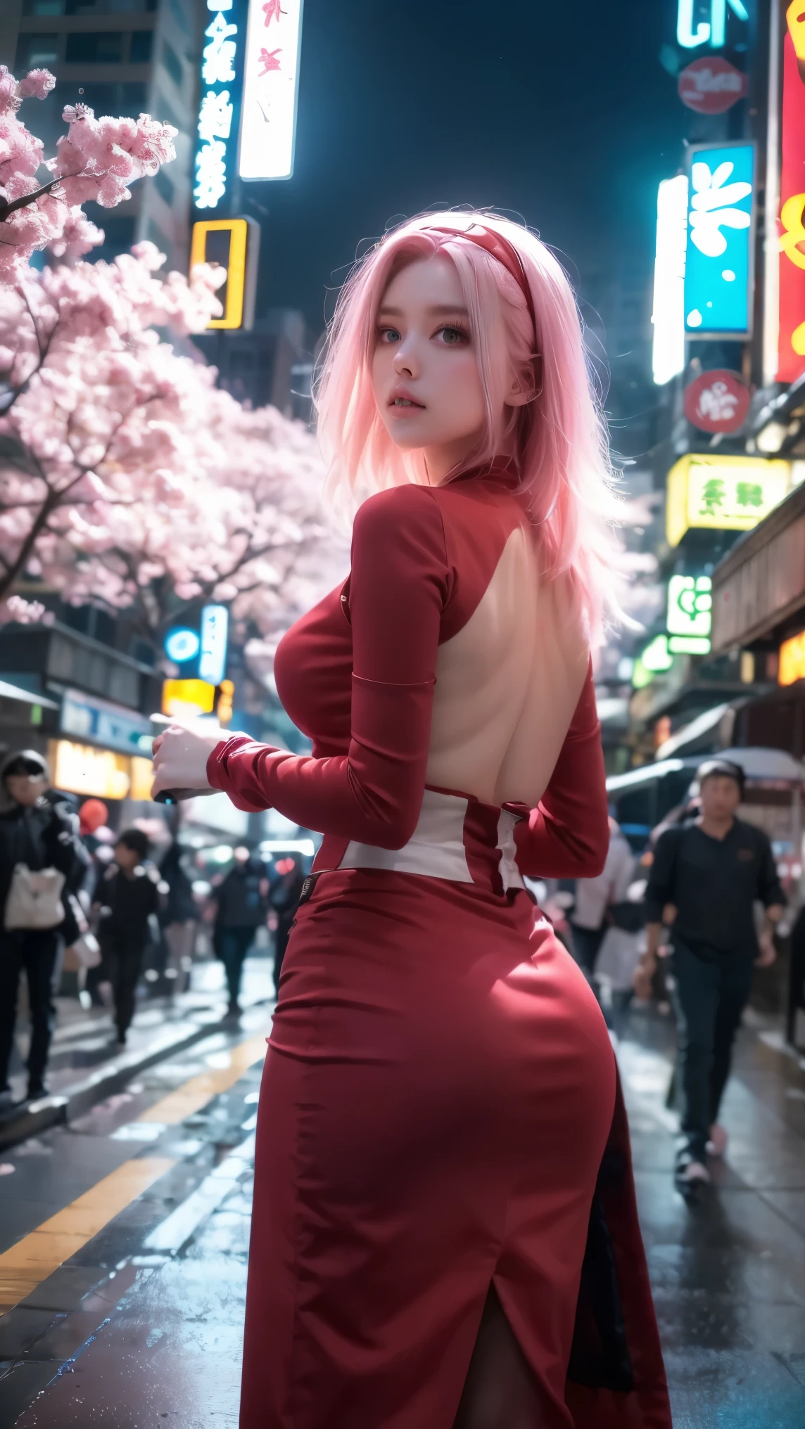 A Cyberpunk-style 《Naruto》Haruno Sakura standing in a holographic view of New Tokyo,with neon characters beating on the exterior wall of the skyscraper。Her long pink hair emits a bio-fluorescent-like streaming light,flickering in sync with falling digital petals,in a high-tech kimono with circuit lines,Pulsating soft blue light。images bloom on the skyline to capture the moment she reaches out and touches the suspended cherry blossom projection,ripples of pink data streams in the air。In the background,A huge holographic cherry blossom tree blooms on the city skyline,The roots of the tree are formed by a flowing LED screen。8K ultra-fine rendering,The cyber mechanical atmosphere incorporates traditional Japanese elements - the background is vaguely visible, red must be accompanied by a skeleton as energy armor。warm cherry blossoms The color contrasts dramatically with the cold neon blue,Light pollution creates a dreamy fog。