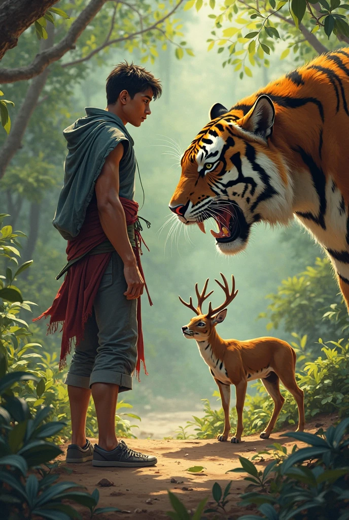 Handsome guy , Korean. He has very dark skin., yellow hair knee length with side bangs. He has faun ears., in the ears gold earrings rings. On the head are deer antlers. He has a bare torso and furry brown pants with hooves.. He has a red heart pendant.. He squats in a thicket of ferns and shoots an arrow from a bow.. He smiles beautifully. A kind jaguar next to him.