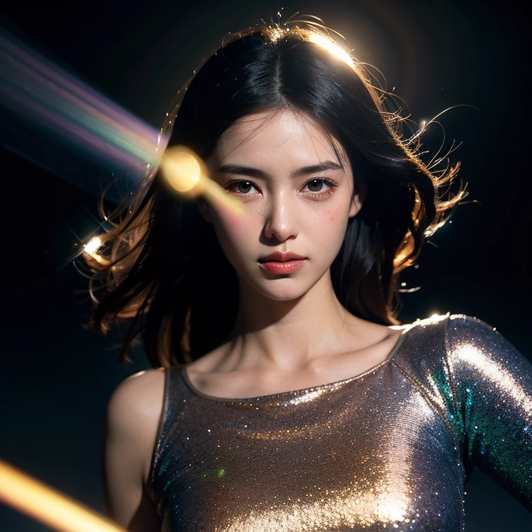 (in 8K、top-quality、超A high resolution、masterpiece:1.2)、(Photorealsitic:1.4)、(detailed skins:1.3)、Beautiful Japan girl at 18 years old、(Detail Eye) 、女の子1人、(Rave Festival at night)、(The bikini)、Sweaty skin、long hair of bright colors、LED Screen Monitor、stage lighrt、Lit up、Stage lighting、laser beam、festival、Lens flare and high resolution texture GPT-3.5、Elaborate CG、cowboy shot、beautiful lighting、lighting like a movie、Background SSR Card Design、prisma、kirakira、(foco nítido)