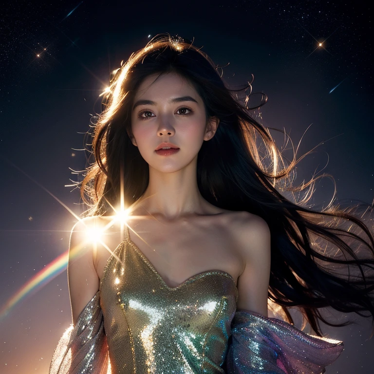 (masterpiece, highest quality, highest quality, beautiful and aesthetic: 1.2), (1 girl), very detailed, colorful, most detailed (HDR), (wallpaper), (cinematic lighting), (sharp focus) perfect face, ZRPg style, woman floating in the night sky, facing forward, smile (smile expression: 1.2), elbow slightly bent, outstretched arm, turn your palms toward yourself , (Shining Silver Longhair: 1.2), Shining pure white dress, Not big breasts, Sparkling, Fantastic Nights, A dazzling seven-colored light shines covering the background, Backlight