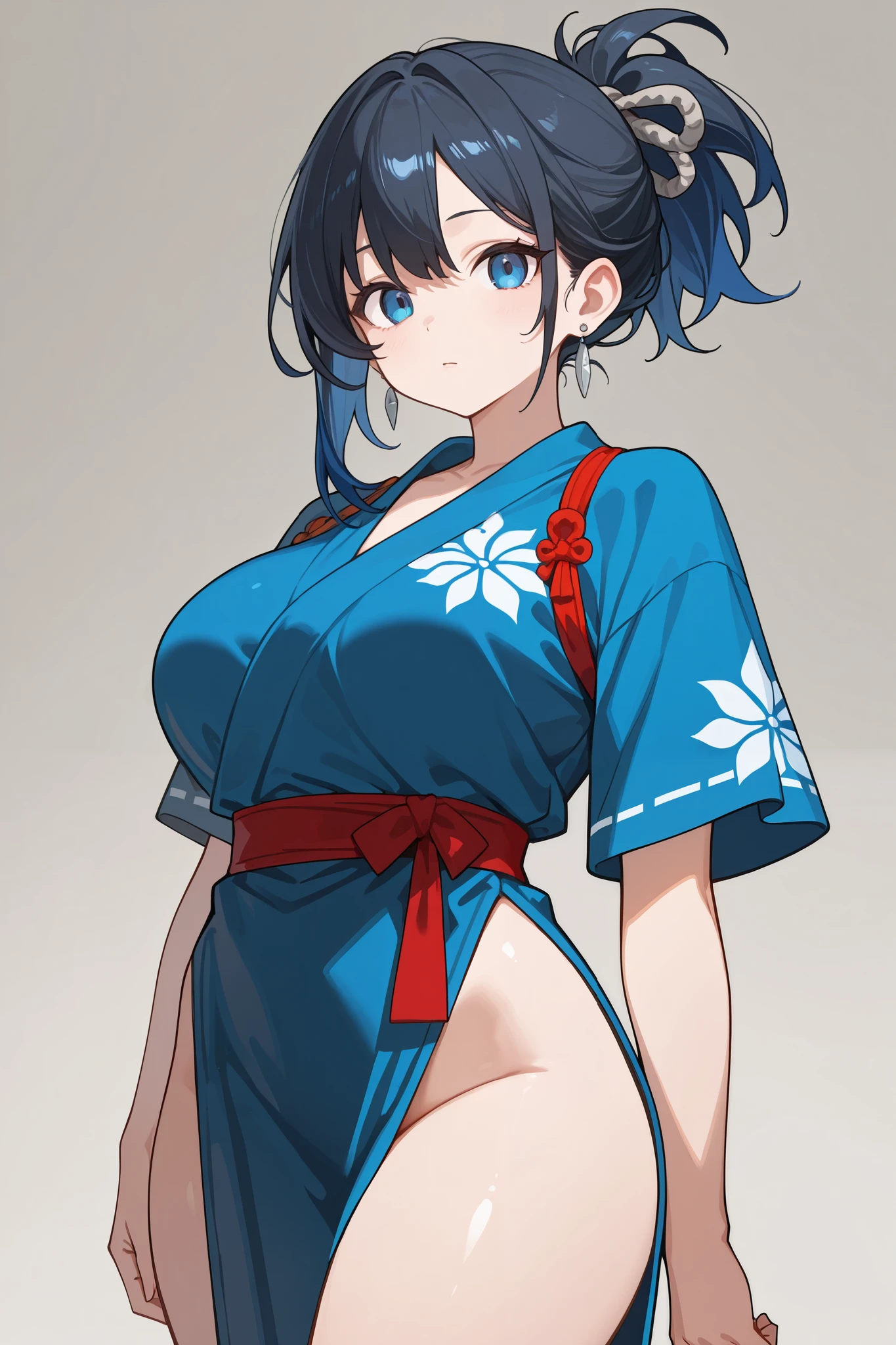 (masterpiece), (highest quality), ((Super detailed))、(super delicate)、Cute naughty ninja girl、Pastel colors hair、medium breasts、(Thighs, fishnet pantyhose, ninja costume)、Gorgeous、short hair, (dark blue hair), (naked:1.2), (forehead, bangs pinned back, asymmetrical bangs, side ponytail:1,2), standard height, (Serious, Large eyes, yuruyuri)