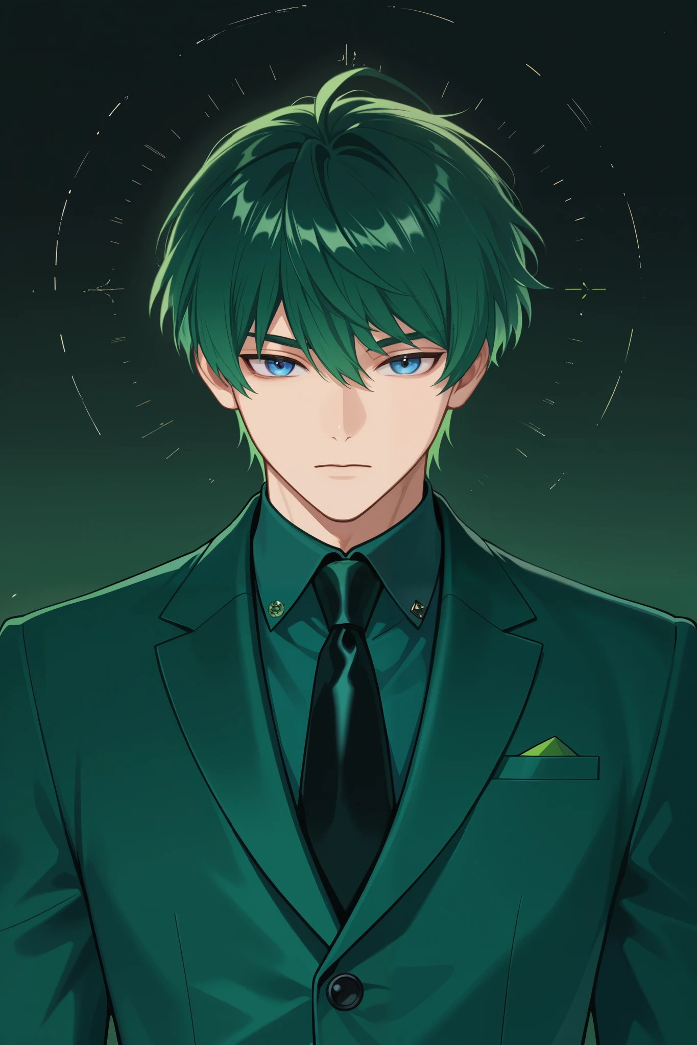 1boy, tall, green hair, short hair, blue eyes, dark green suit