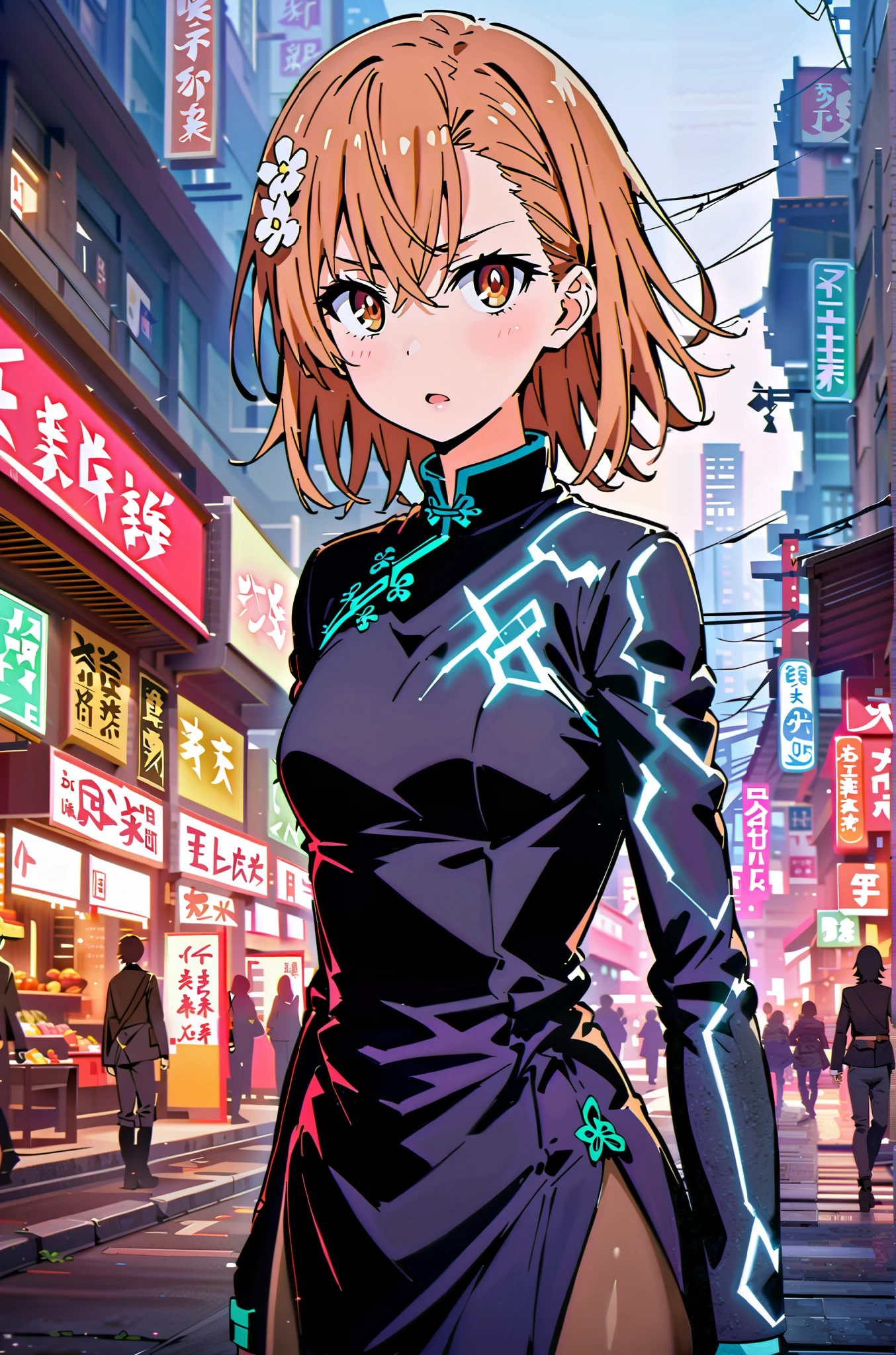 score_9, score_8_up, score_7_up, source_anime,
Mikoto and Misaka, Misaka Mikoto , short hair, black cock, hair ornament, hair flower, brown eyes,serious,open your mouth,electricity ,Superpowers(electricity ity),Electric current is emitted from the body ,cosplay, ,That's right., open your mouth, White Chinese clothing,Long slit,black pantyhose,boots,is standing, combat posture,full bodyがillustrationに入るように,break outdoors, Chinatown,
break looking at viewer,full body,
break (masterpiece:1.2), best quality, high resolution, Unity 8k Wallpaper, (illustration:0.8), (beautiful detailed eyes:1.6), very detailed face, so that it fits into the illustration, extremely detailed CG, (perfect hand, perfect anatomy),