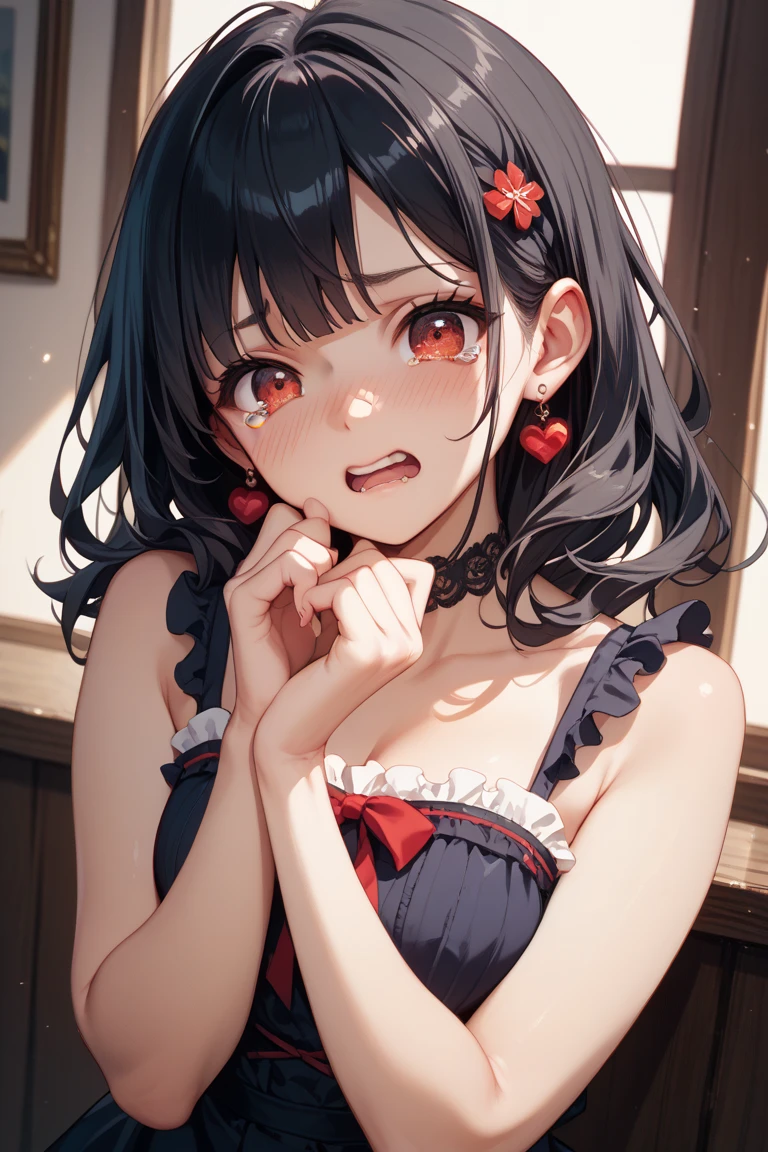 handjob,collarbone,black t-shirt,off-shoulder look,Black and red checkered short skirt,first round,(1girl,Beautiful 14 year old girl),((Slender,,low length,Small breasts,Thin legs,Small Ass,Baby Face,Small face)),lick,open mouth,tongue out,cum on tongue,front face,from front,side view,looking at viewer, looking ahead,from above,cowboy shot,Black Hair,two side up,Gray Eyes,Drooping eyes,slit pupils,narrow eyes.middle School girls,Kneeling,Straight Stand,Beautiful and detailed anime art,Mischievous smile,Sexy vibe,Dimly lit room,On the bed,Simple Background,Gray background,Low lighting