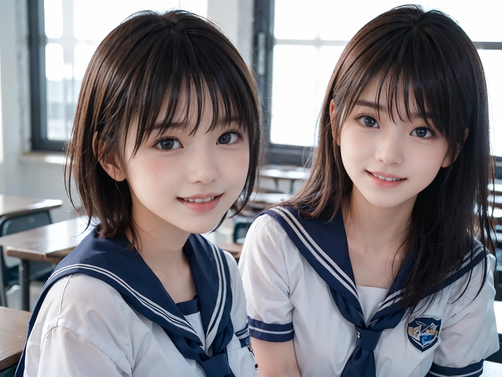 ((Two girls standing side by side)), ((sailor suit)), (two girls), (((The girl on the left has large breasts, The girl on the right has small breasts:1.4, The girl on the left has short hair, The girl on the right has long hair, The girl on the left has a cool expression, the girl on the right has a cute expression))), ((pale skin:1.3)), (smile, baby face:1.3), sunset lighting, classroom, classmate, (best quality), realistic, (live-action, complicated details), Natural Skin Texture