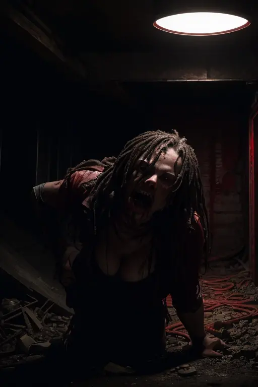 horror art, dread, Best quality, masterpiece, ultra high res, (photorealistic:1.4), Action shot of a terrifying Woman Tied up in a decrepit underground red room creepy, unnerving, unsettling, terrifying, 80mm, horror lighting, dynamic action Nightmare snuff