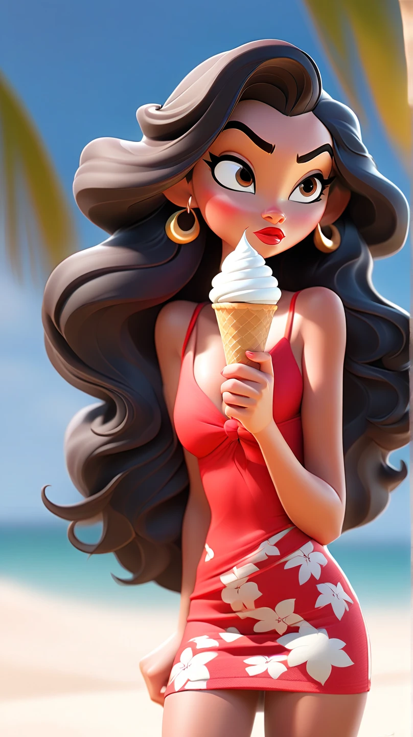 The camera zooms in on the thighs of "Fiona Sue", 18 years old, big mouth, red lips, black hair, pretty face, thin waist, thick thighs, small red bikini, eating ice cream, standing, sensualizing, on a deserted beach .