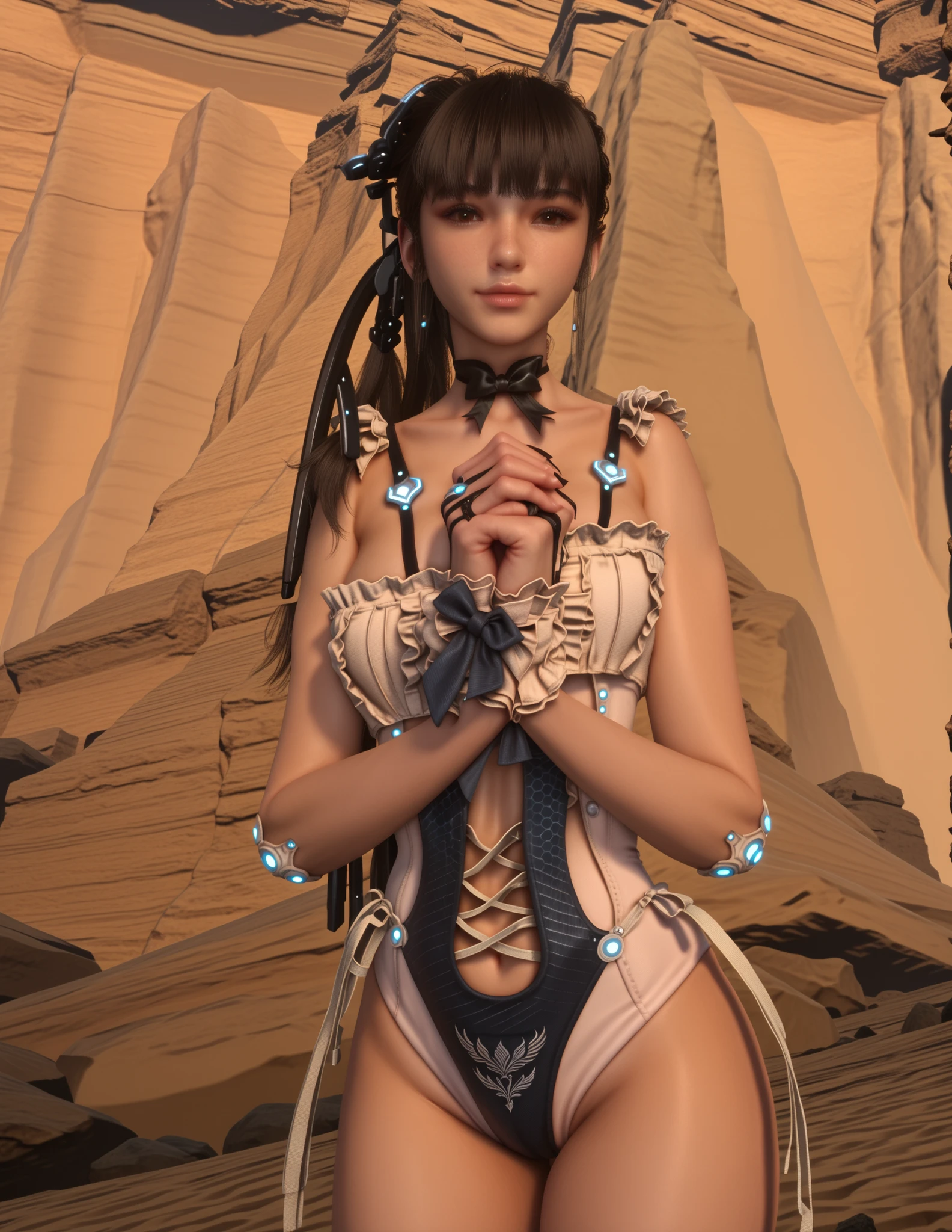 1 girls,estilo de juegos de computadora,score_9, score_8_up, score_7_up,score_6_up, score_5_up, eve, ocean maid, 1girl, realistic, own hands together, solo, brown eyes, navel, photo background, looking at viewer, breasts, bangs, lips, brown hair, own hands clasped, long hair, black hair, ponytail, medium breasts
