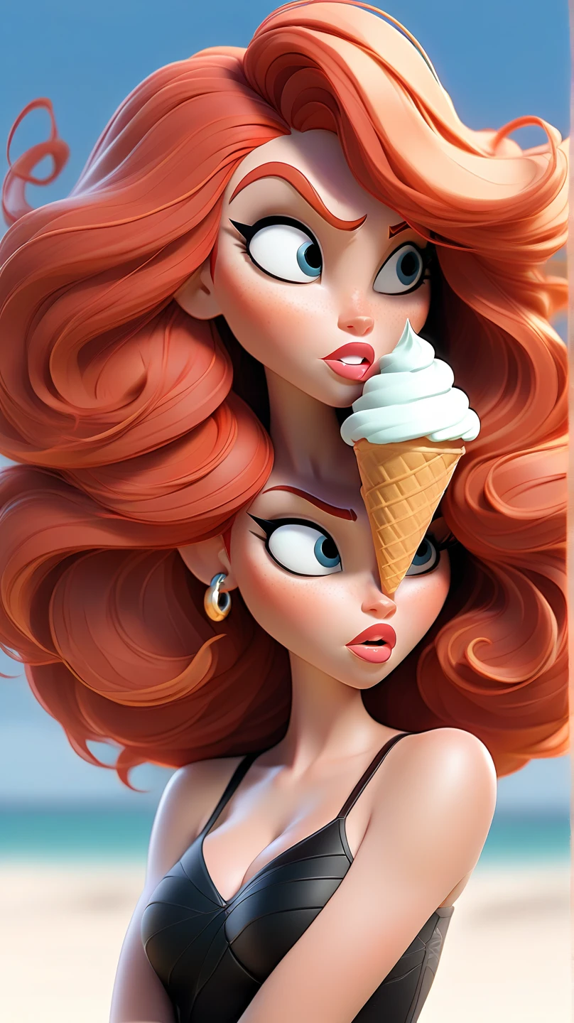 Design a photorealistic image of fictional character Jessica rabbit with a purple and black ice cream, in the background the universe of colors, and that at the bottom it shows the name "lover"