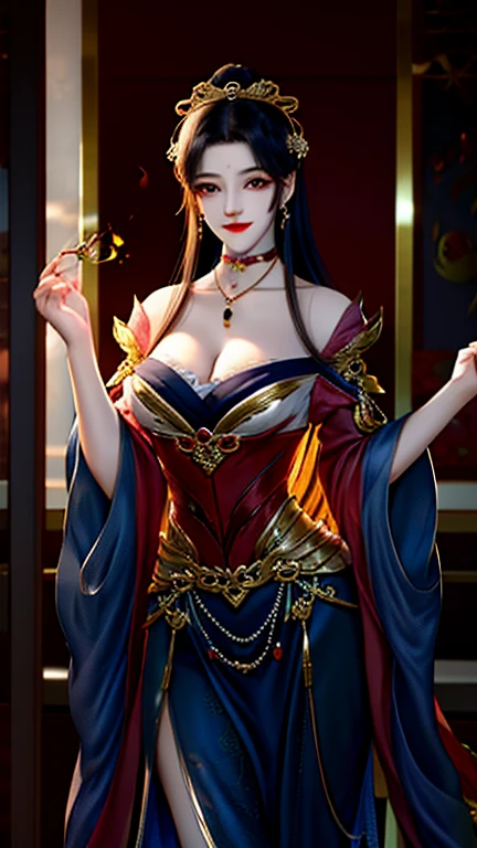 palace background,Court ball,Red curtain,(dark blue color curly hair),british palace bun,Standing close-up,dream world,Royal sister,(Elongated danphoenix eyes,eye shadow,long eyelashes),Elongated danphoenix eyes,eye shadow,Contact lenses,(Baroque skirt,Off the shoulders,necklace,Widen hem,Shredded flower cloth:2.0),(big breast)ballroom background,(Soft light and shadow:1.9),Intricate body jewelry,High heeled dancing shoes,Detailedly drawn backgrounds