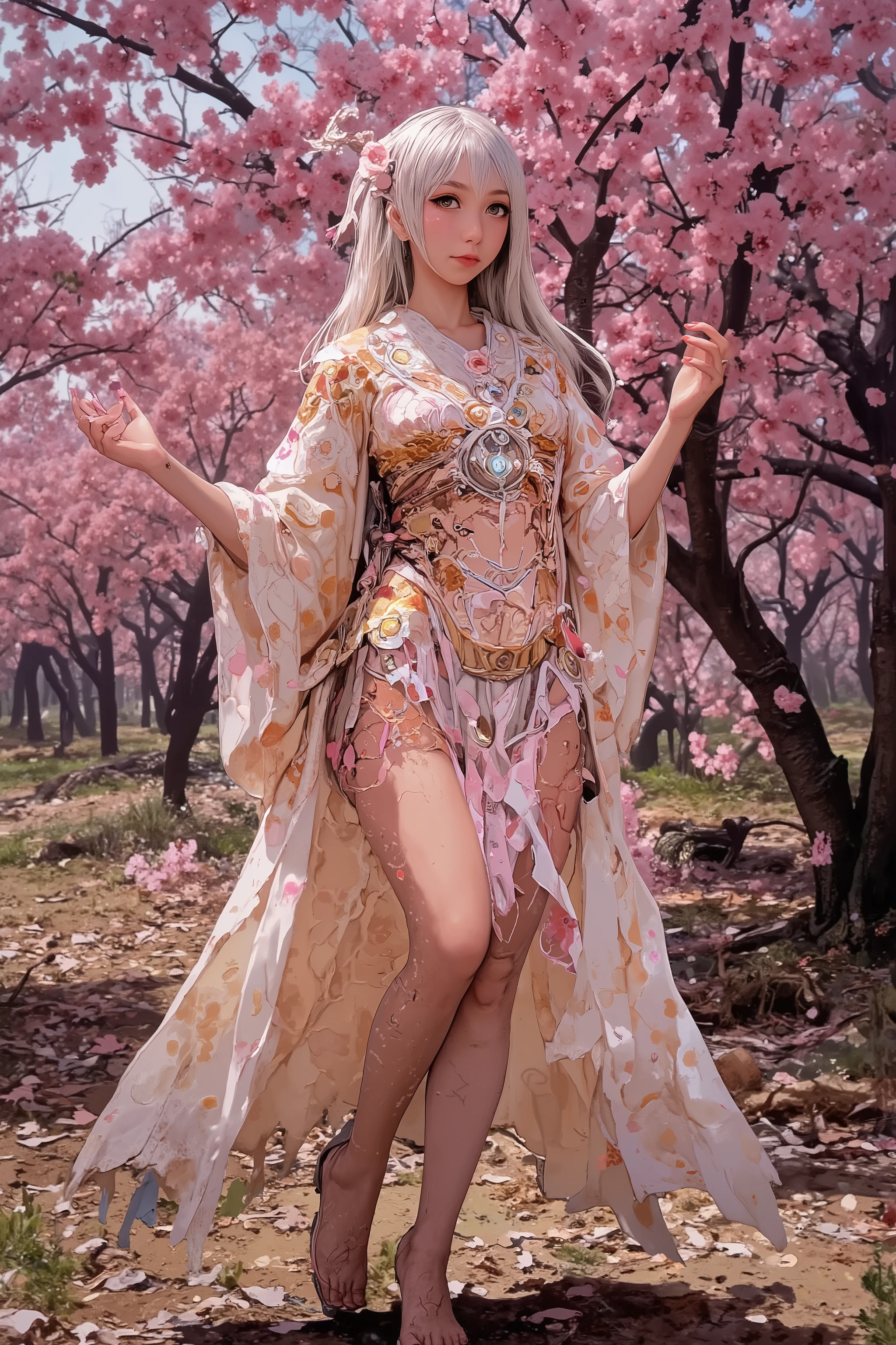 (High fantasy)(Feudal Japan) A Sakura goddess (exquisite kimono made of cherry blossom petals with golden trim, cute, pale white skin, cherry blossom aura, exquisite makeup, bare feet, lovely hair), floats down from the heavens to inspect the blooms in a cherry orchard, her feet do not touch the ground, cherry orchard in full bloom, magical scene, niji art style influence