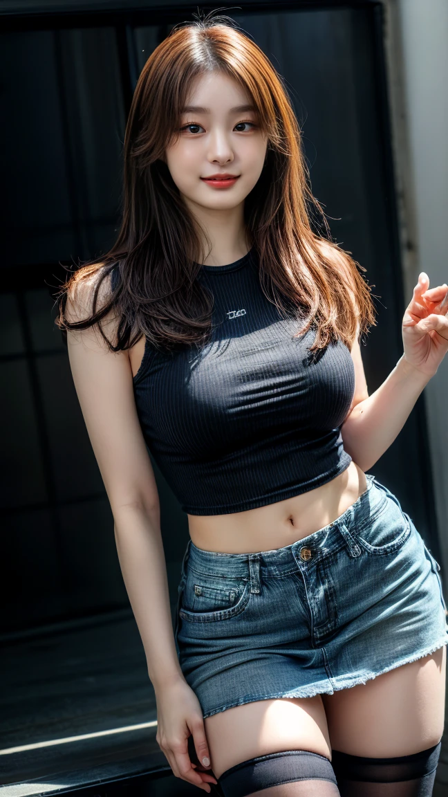 Kamisato Ayaka|Genshin Impact, masterpiece, best quality, 1 girl,25 years old, proportional body, Long legs, fair, proportional., crop top, Long jeans, Plump breasts, Cleavage,only, crop top, collar, (Graffiti:1.5), Splash with purple lightning pattern., Put your hands behind your back, Against the wall, View viewers From the front., Thigh straps, Head tilt, boring,(National Technology Development Agency.:1.2), (10, best quality, masterpiece: 1.4), fair red hair, Ultra-high resolution, (lifelike, Lifelike Portrait: 1.48), (View through crop top.), Famous Japanese actors, fair clear eyes, Head tilt, Cowboy shooting, From the front, Looking at the audience, poker face, fair lake, Zeiss 150mm F/ 2.8.Hasselblad, whole body, foot, Ultra wide angle,