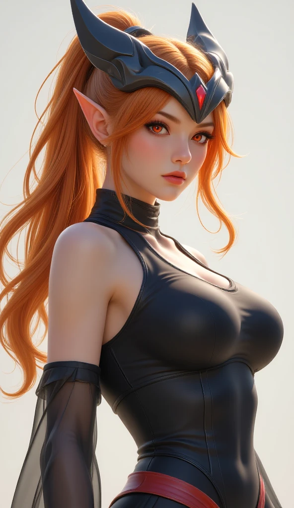 (masterpiece), best quality, expressive eyes, perfect face, one pretty girl, solo, orange hair, long straight hair, pale skin, perfect face, makeup, small nose, green eyes, lips, collarbone, cleavage, necklace, jewelry, black patterned dress, looking at viewer, a breathtaking mountain summit, upper body, latex