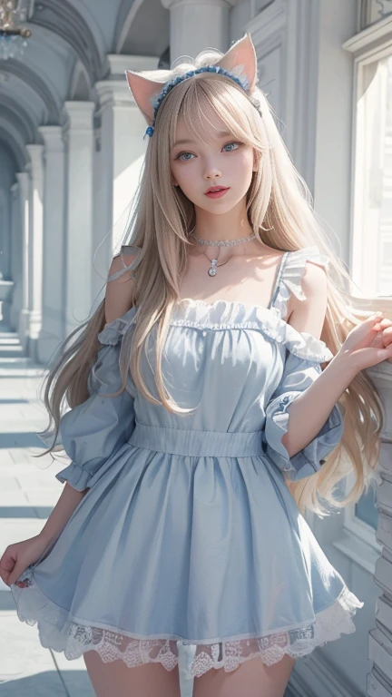 top-quality、超A high resolution、A picture、a photo of a cute girl,Rabbit ears、Detailed cute and beautiful face、(PureErosFace_V1:0.008)、beautiful bangs、alice in the wonderland、14years、White shiny skin、By bangs、Platinum blonde hair is extra-long, Straight hair is silky smooth、finer hair、Charming beautiful crystal clear blue eyes、White apron、a blue dress、nomake-up