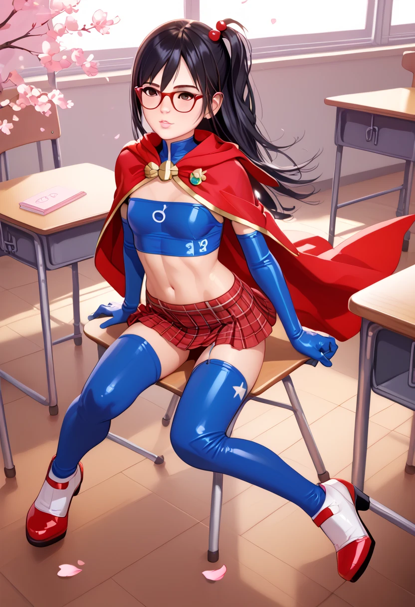 Library room, high school girl, superhero, blue and white leotard, black hair, bare legs, boots, matching gloves, heroic, hand on hip, standing, solo, single