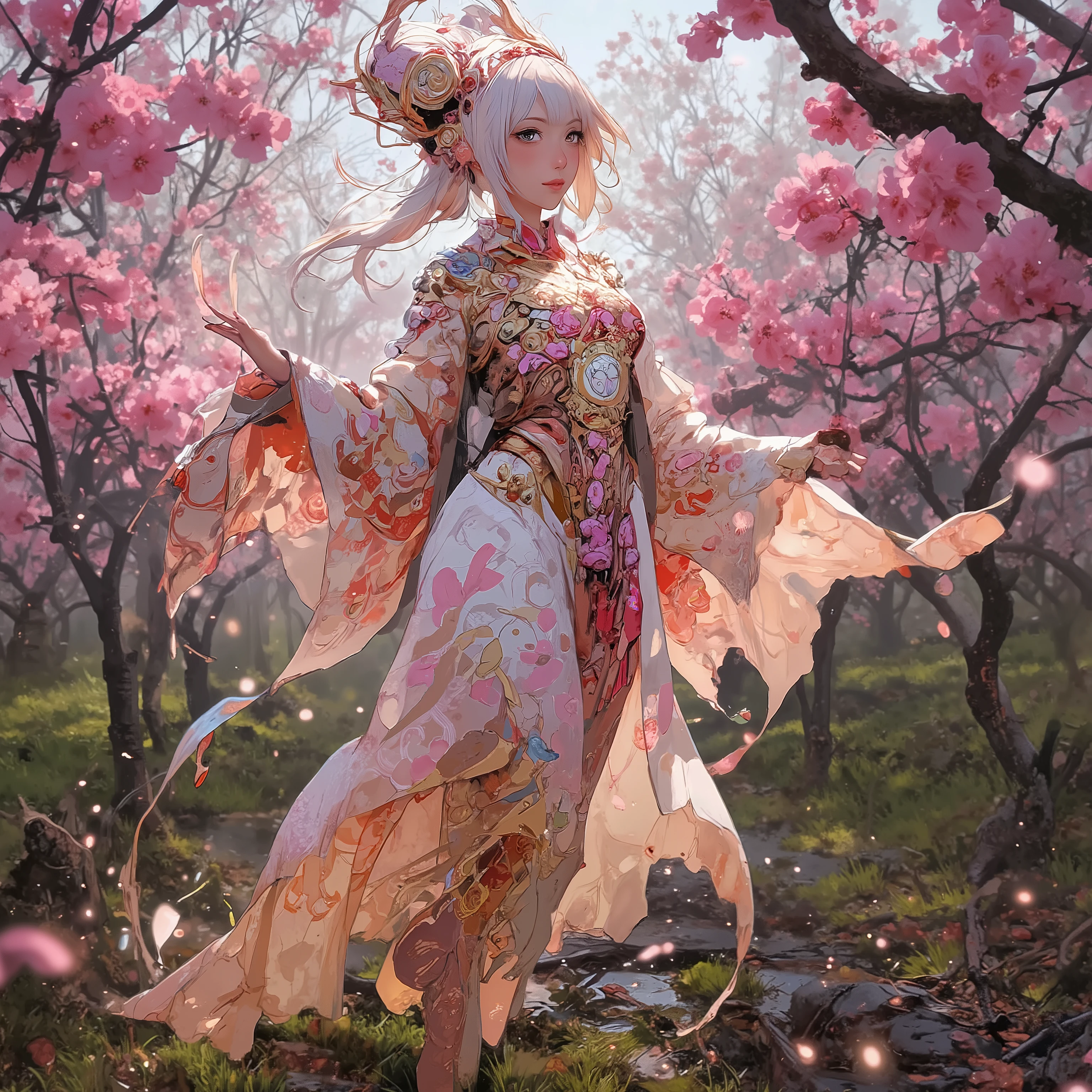 (High fantasy)(Feudal Japan) A Sakura goddess (exquisite kimono made of cherry blossom petals with golden trim, cute, pale white skin, cherry blossom aura, exquisite makeup, bare feet, lovely hair), floats down from the heavens to inspect the blooms in a cherry orchard, her feet do not touch the ground, cherry orchard in full bloom, magical scene, niji art style influence