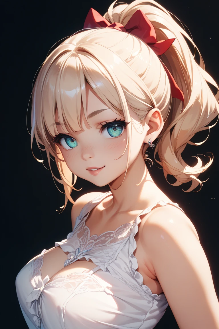 top-quality, masterpiece, platinum-blonde,Bob Hair,Short, Red ribbons,red eyes, Masterpieces of the upper body,(ultra-detailliert),1girl in,A big smile,Senzoku Nishikiki,Licorice recoil