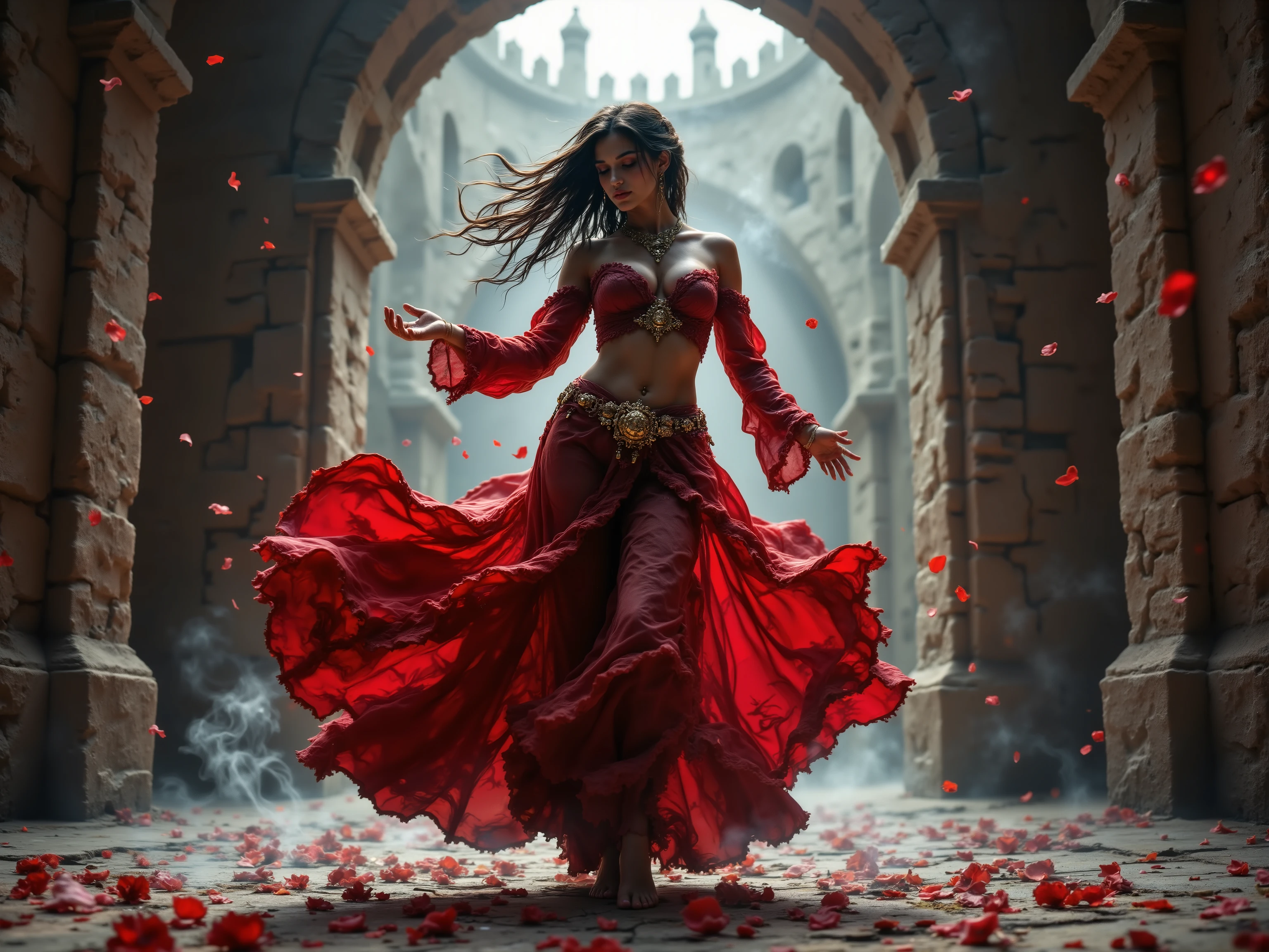 A Roma dancer with raven hair and mocha eyes dances under a stone archway, wearing a flowing red costume with golden bells. A delicate silver thimble with tiny moons covers her index finger, a drop of blood falling from its hidden needle. The blood transforms into glowing red smoke around her bare feet. Blood-red petals float in the air. Fantasy style, intricate fabrics, dynamic motion