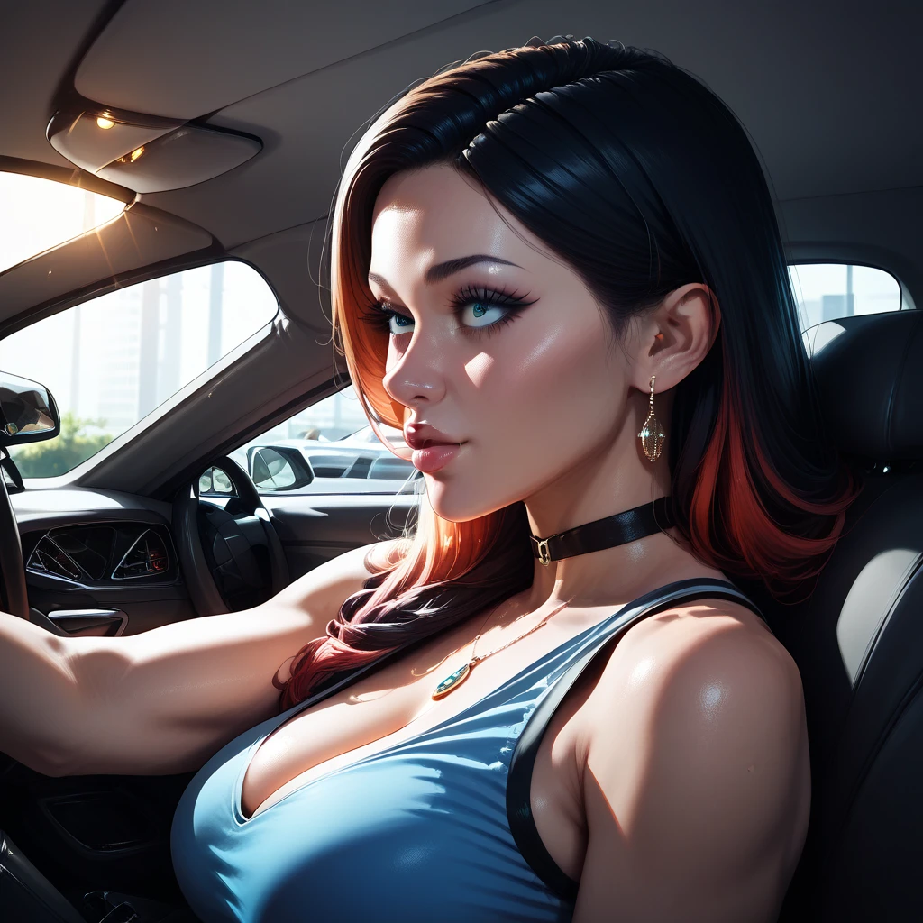 Slim young woman, full body, low legs, , T-shirt, cleavage, navel showing, crotch showing, (wrinkles on leggins remarking the shape), crystal blue eyes, red hair , daylight , oral blowjob Blowjob Top of Head POV