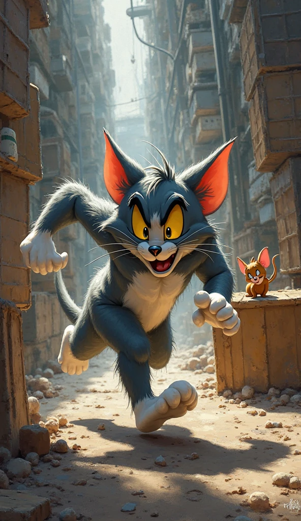 "A thrilling digital painting of Tom sprinting forward while Jerry jumps onto a crate, looking around for an escape route."